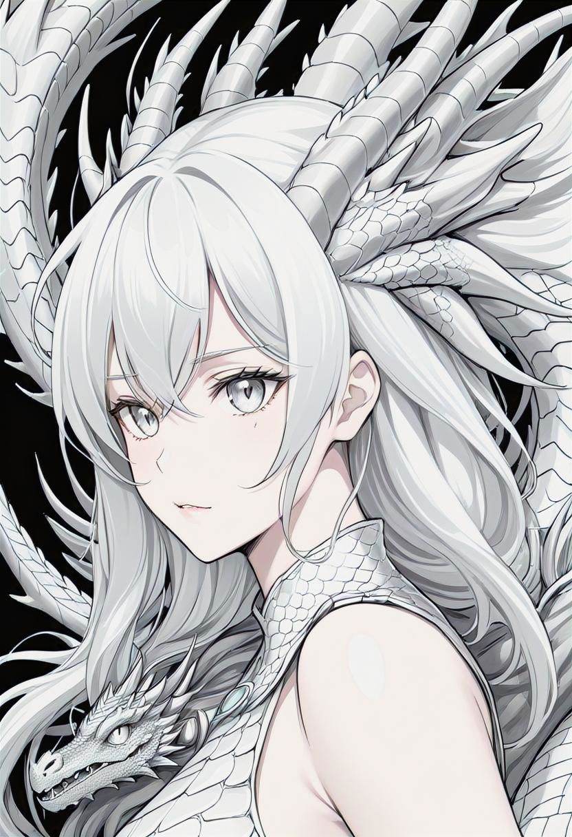 coloring drawing of a beautiful silver-white biometric dragon,  manga,  (lineart) on Tensor.Art