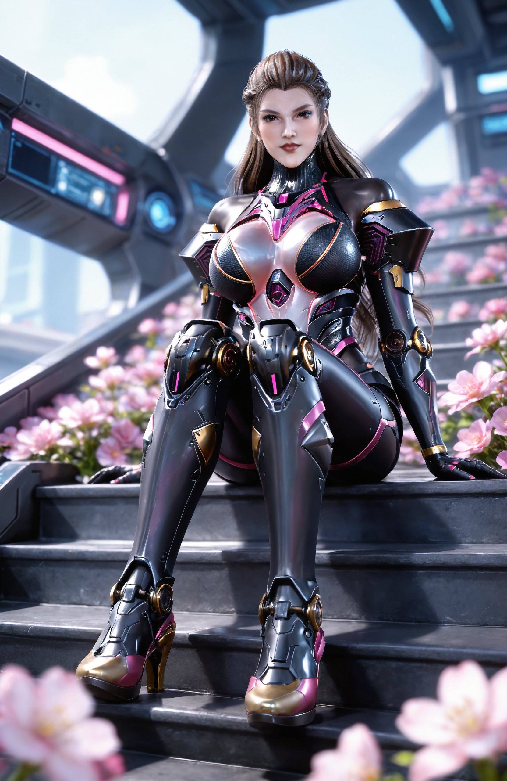 <lora:吞噬星空-妖娆Pony:0.7>,1girl,brown hair,long hair,brown eyes,lips,armor,mole under eye,large breasts,science fiction,robot, mecha,, stairs,pink flower,blurry,sitting,full body,feet focus,foot focus,legs up,smile,