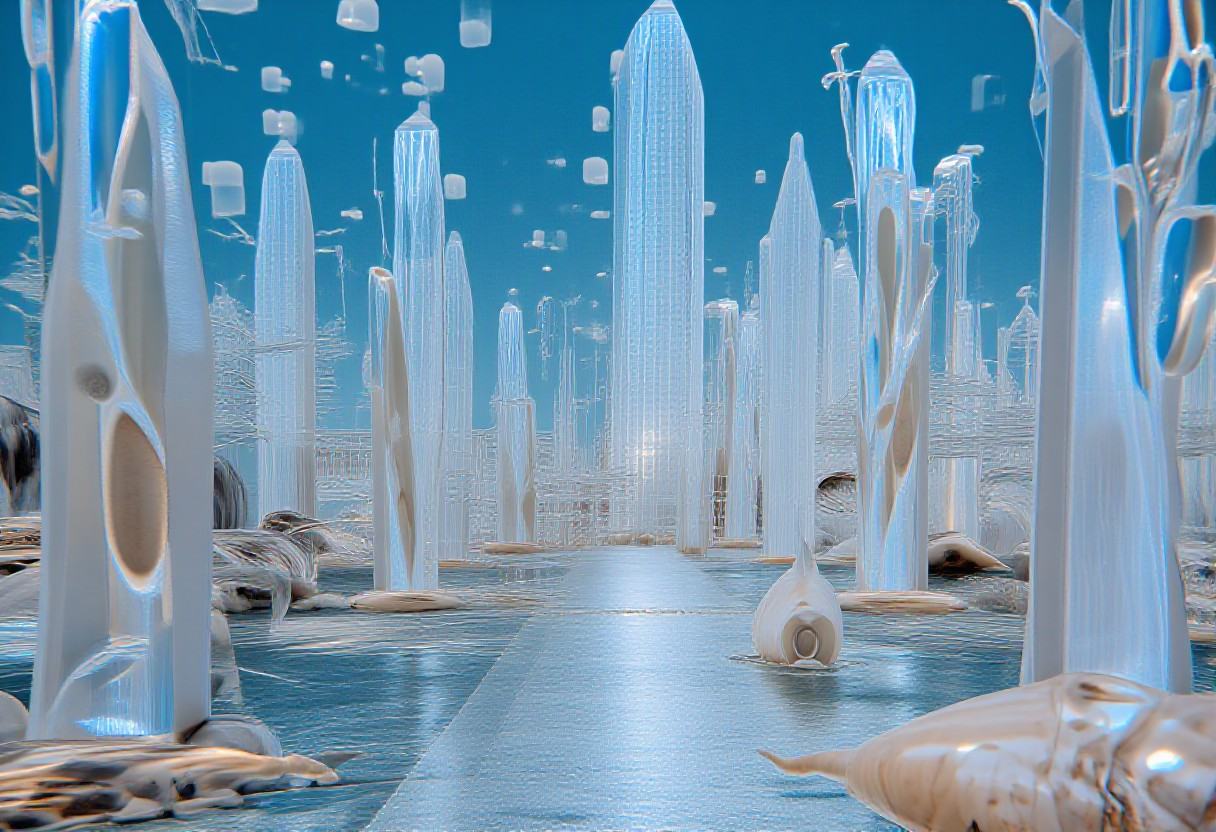 a liminal cityscape built of crystal buildings and potato streets on Tensor.Art