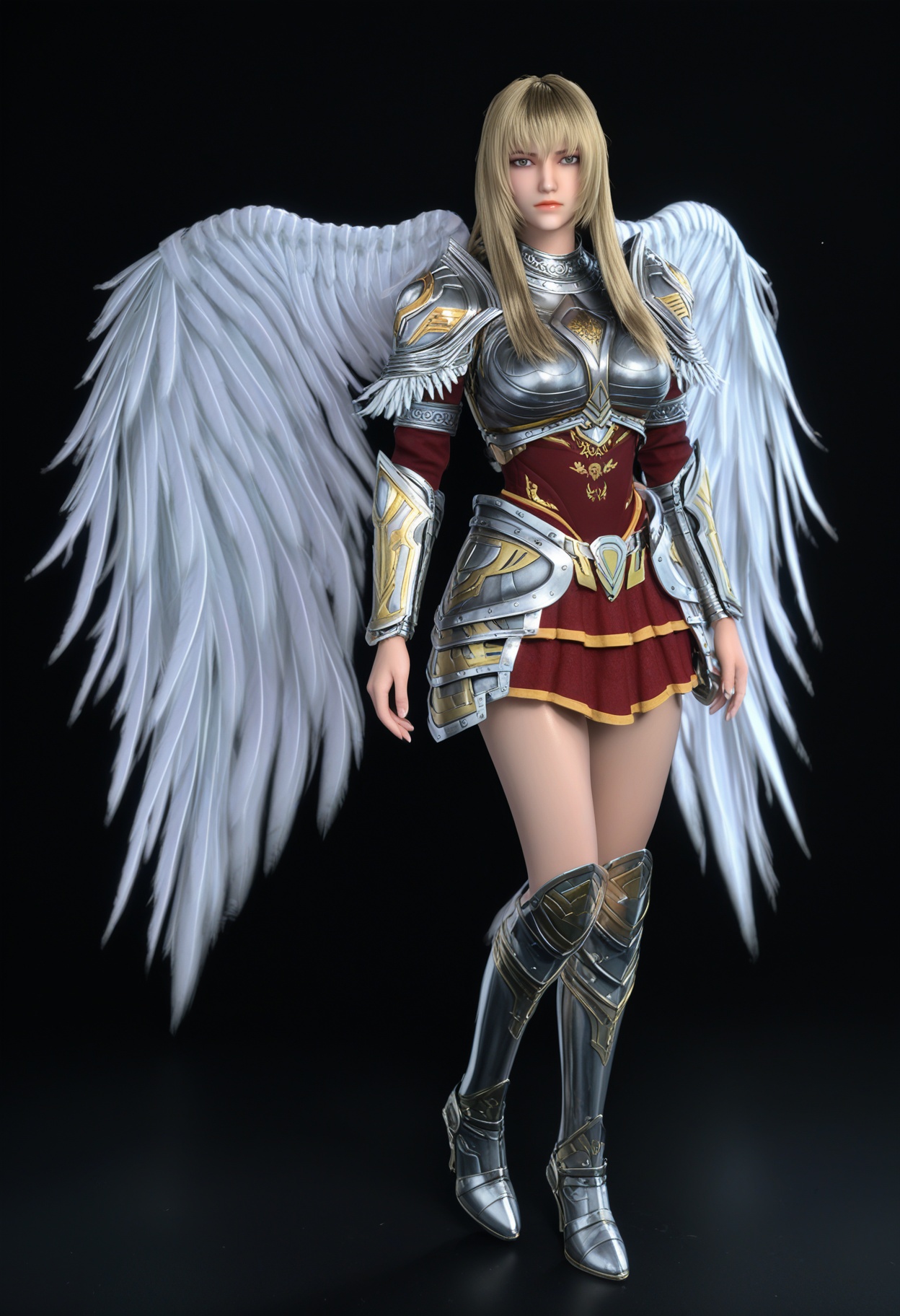 (standing full_body:1.1),(score_9:1.2),(score_8_up:1.2),(top quality, 8k wallpaper:1.1),(masterpiece:1.1),(best quality:1.2),(intricate details),8k,1girl,facing viewer,(looking at viewer:1.1),<lora:YQ_pony_tianshiyan_mianbuzengqian_V5:0.95:lbw=1,1,1,1,1,1,1,1,1,0.8,0.8,0.1>,<lora::0.8>,q1528437228,1girl,solo,blonde hair,long hair,armor,wings,skirt,boots,BREAK(score_9:1.2),(score_8_up:1.2),masterpiece,best quality,very aesthetic,perfect anatomy,(hourglass),perfect face,(simple background,pure black background,black background:1.1),fair_skin,(shiny_skin:1.1),Ivory_skin,