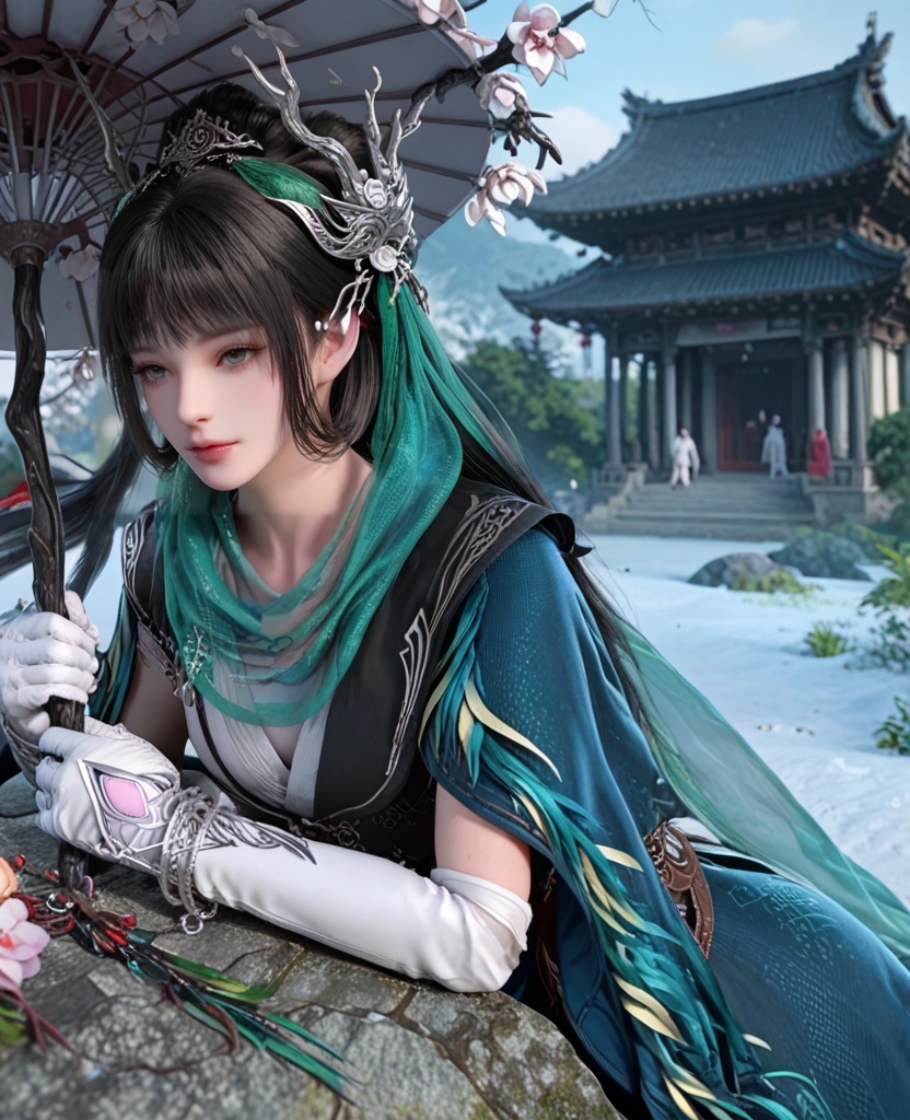 (oriental architecture, elegant decor, sophisticated style:1.1),(lying face down, head toward the camera:1.1),(breasts:1.2),<lora:XL剑网三陈月宗主:0.95>,miss chenyue,dress,black hair,hair ornament,earlock,blunt bangs,white gloves,belt,scarf,bracelet,, score_9,score_8_up,score_7_up,score_6_up,score_5_up,score_4_up,3d rendering,tag1,tag2, Cinematic Lighting,backlighting,