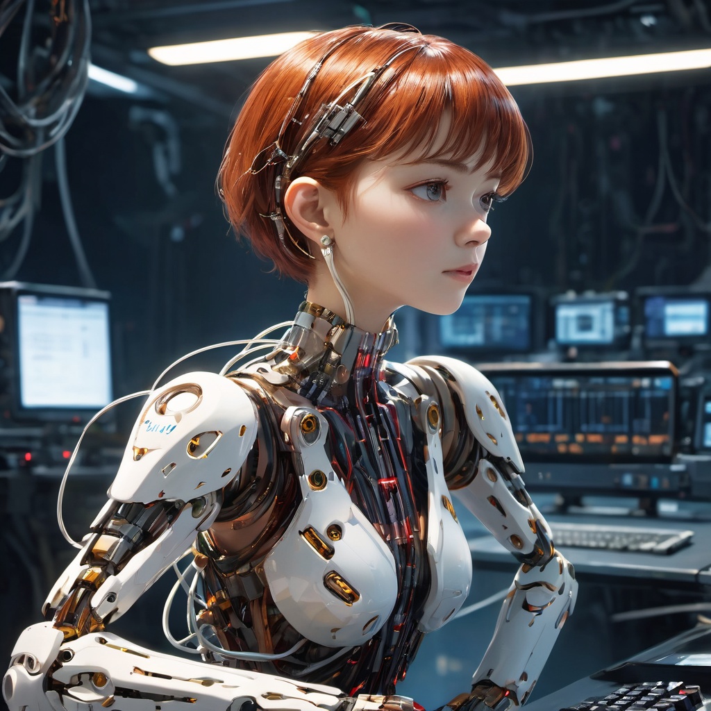 ((masterpiece))), (((best quality))), ((super detailed)), (highly detailed computer illustration), ((extremely delicate and beautiful)),(from the side),cinematic light, ((1 mechanical girl )), solo, whole body, (mechanical joints: 1.2), face visible through_screen,computer, desk, monitor, tabletop, keyboard, medium breasts,(mechanical limblood vessels connected to tubeechanical vertebra attached to the back), ((mechanical cervical region attached to the neck) ),( camera close),no expression,(wires and cables attached to the neck:1.2),(wires and cables on the head:1.2)(character focus),((sci-fi)),extremely detailed, as detailed as possible, 1girl , (13 years old), (red short hair, no bangrown eyes, (((white lighting))), (white cables: 1.4), (((future))), ((cyborg)), futurism, (high quality), best quality, (4k), 8k, super detailed, (full detail), (masterpiece), (realistic), super detailed,(Exquisite details) ,intricate,