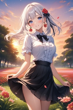 face focus, cute, masterpiece, best quality, 1girl, flower, solo, blue eyes, outdoors, skirt, smile, hair ornament, looking at viewer, jewelry, earrings, short sleeves, shirt, petals, skirt hold, bangs, frills, hair flower, blush, white shirt, sky, white hair, tree, cowboy shot, bow, sunset, black skirt, black bow, parted lips, standing, field, bowtie, breasts, pink flower, cloud, red flower, grass, flower earrings, long hair, center frills, frilled shirt, collared shirt, medium hair, black bowtie, floating hair