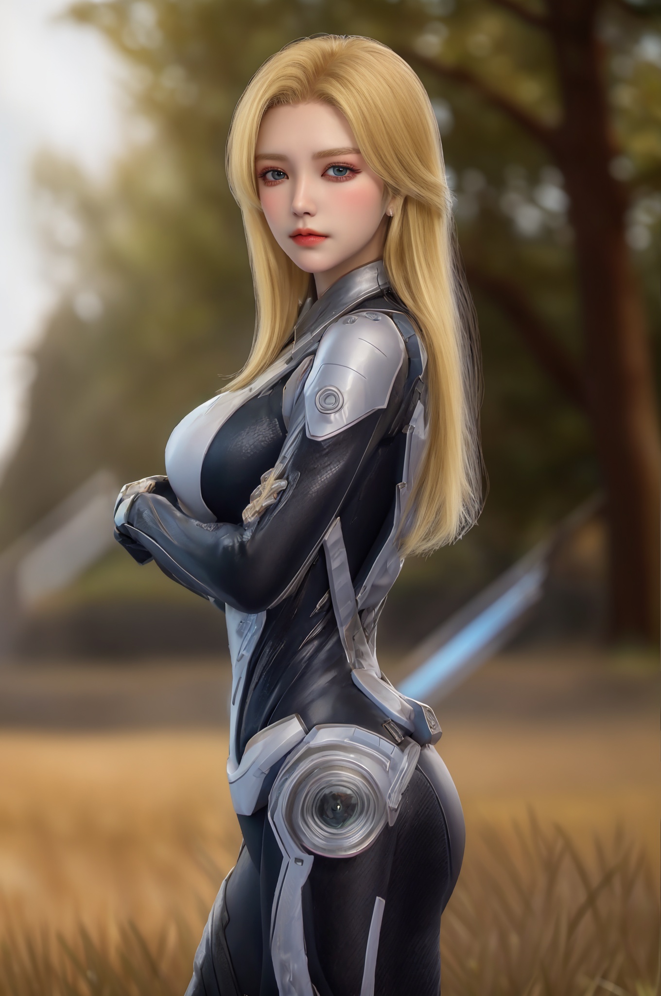 (A woman in a futuristic suit:1.5),(big breasts:1.5),Masterpiece,(best quality),(ultra-detail),(cowboy photo:1.5),masterpiece,realism,(small head:1.4),(blonde hair:1.5),(realism:1.11),HDR,studio lighting,soft light,(eye symmetry and beautiful detail),sparkling eyes,red eye shadow,(long eyelashes),a mature woman,(solo:1.5),(Wild:1.2),smooth white skin,(trees:1.2),grass,(grass:1.2),<lora:守护2号:0.8>,
