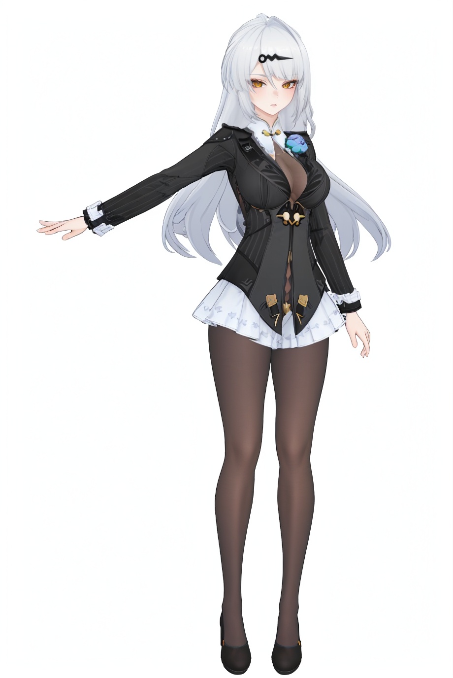 8k,best quality,masterpiece,(ultra-detailed),(high detailed skin),(by nanoless, by misumi \(macaroni\),:0.5),A full-body portrait of a young girl,standing gracefully,pastel art style,high-key lighting,shoujo manga influence,hd quality,delicate details,full body,full shot,standing,looking at viewer,(solo:1.2),simple background,(white background:1.2),<lora:yixuan-sd-Tanger-000019:0.85>,yixuan \(Zenless Zone Zero\), clothes: moxing black suit, 1girl, breasts, long hair, black pantyhose, yellow eyes, silver hair