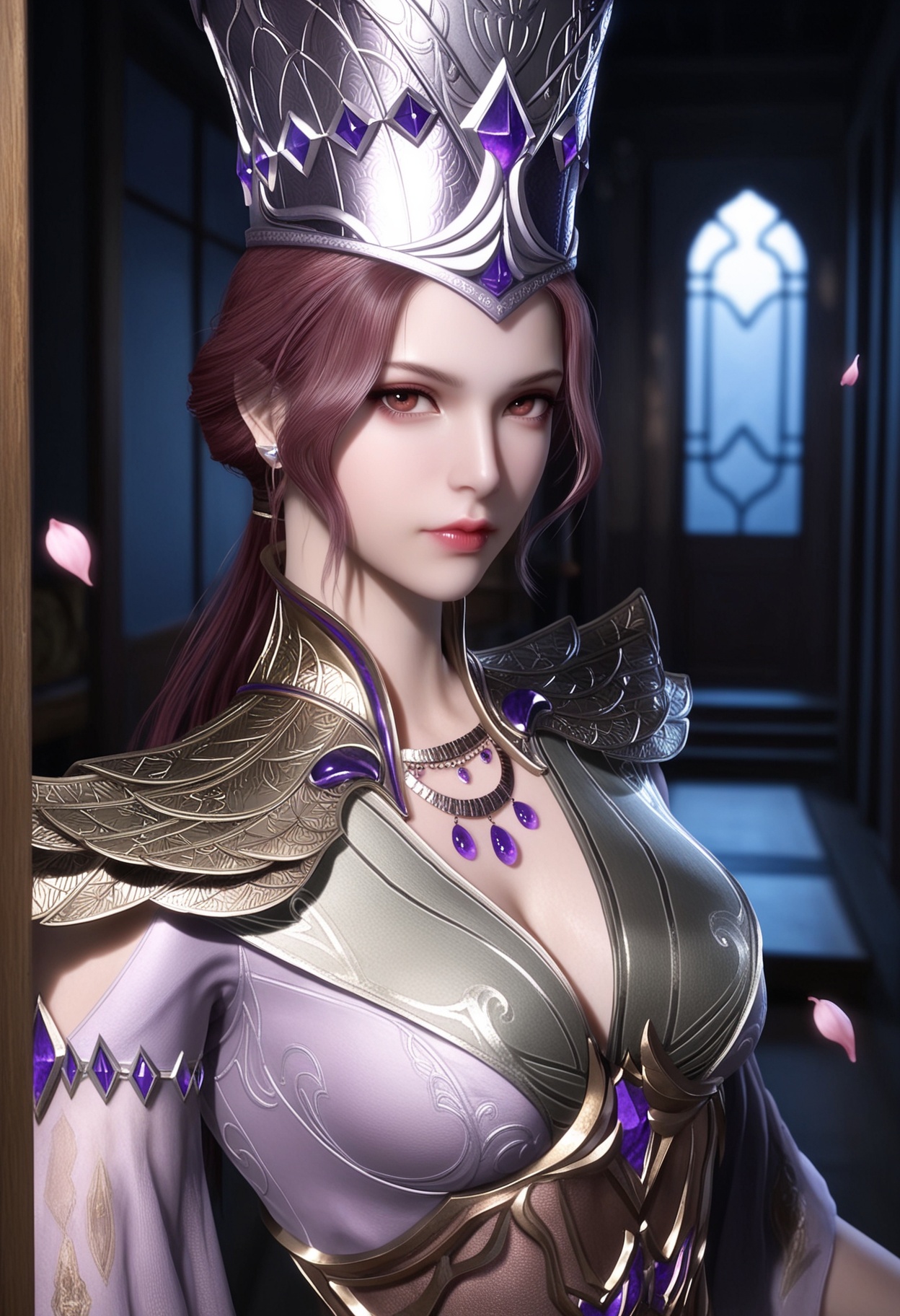 masterpiece,best quality,amazing quality,very aesthetic,high resolution,ultra-detailed,absurdres,scenery,photorealistic,(looking at viewer:1.1),upper body,(Dark room:1.3),(moody lighting:1.1),peach blossom,falling petals,(large breasts:0.8),bibidong,1girl,solo,jewelry,gem,armor,brown hair,hat,lips,necklace,brown eyes,earrings,cleavage,crown,long hair,dress,red eyes,makeup,ponytail,short hair,pantyhose,pink hair,purple hair,shoulder armor,long sleeves,high heels BREAK photorealistic details,<lora:QQSillbibidongV1:0.8>,