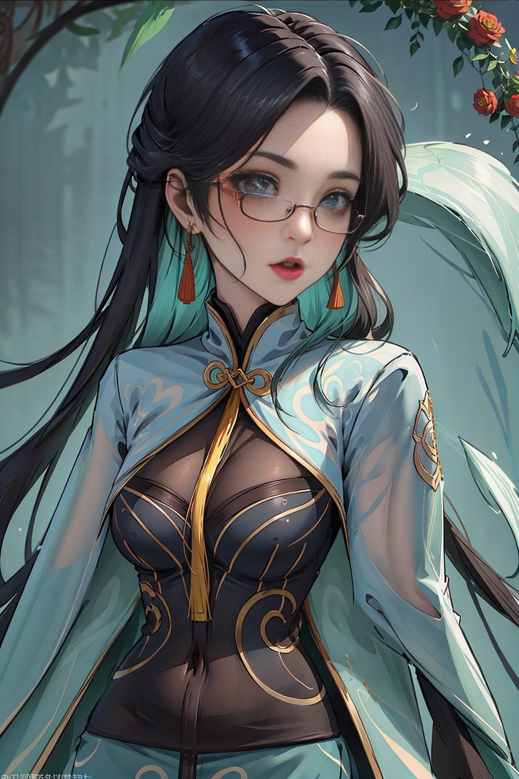 genshin_impact,Cloud Retainer,liuyunjiefeng, liuyunjiefeng_(genshin_impact),a woman with long hair and a white dress holding a cigarette in her hand and a flower in her hair, 1girl,solo, glasses, hair_over_one_eye, earrings, flower, breasts, long_hair, green_eyes, dress, solo, chinese_clothes, black-framed_eyewear, jewelry, very_long_hair, looking_at_viewer, china_dress, long_sleeves, wide_sleeves, holding