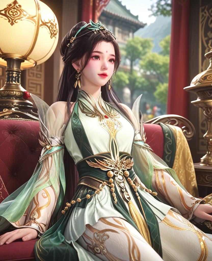 (oriental architecture, elegant decor, sophisticated style:1.1),(reclining:1.1),(breasts:1.2),<lora:XL师兄啊龙吉公主:0.95>,princess longji,dress,forehead mark,black hair,hair bun,hair ornament,long hair,earrings,jewelry,black sash,see-through sleeves,detached sleeves,tassel,, score_9,score_8_up,score_7_up,score_6_up,score_5_up,score_4_up,3d rendering,tag1,tag2, Cinematic Lighting,backlighting,