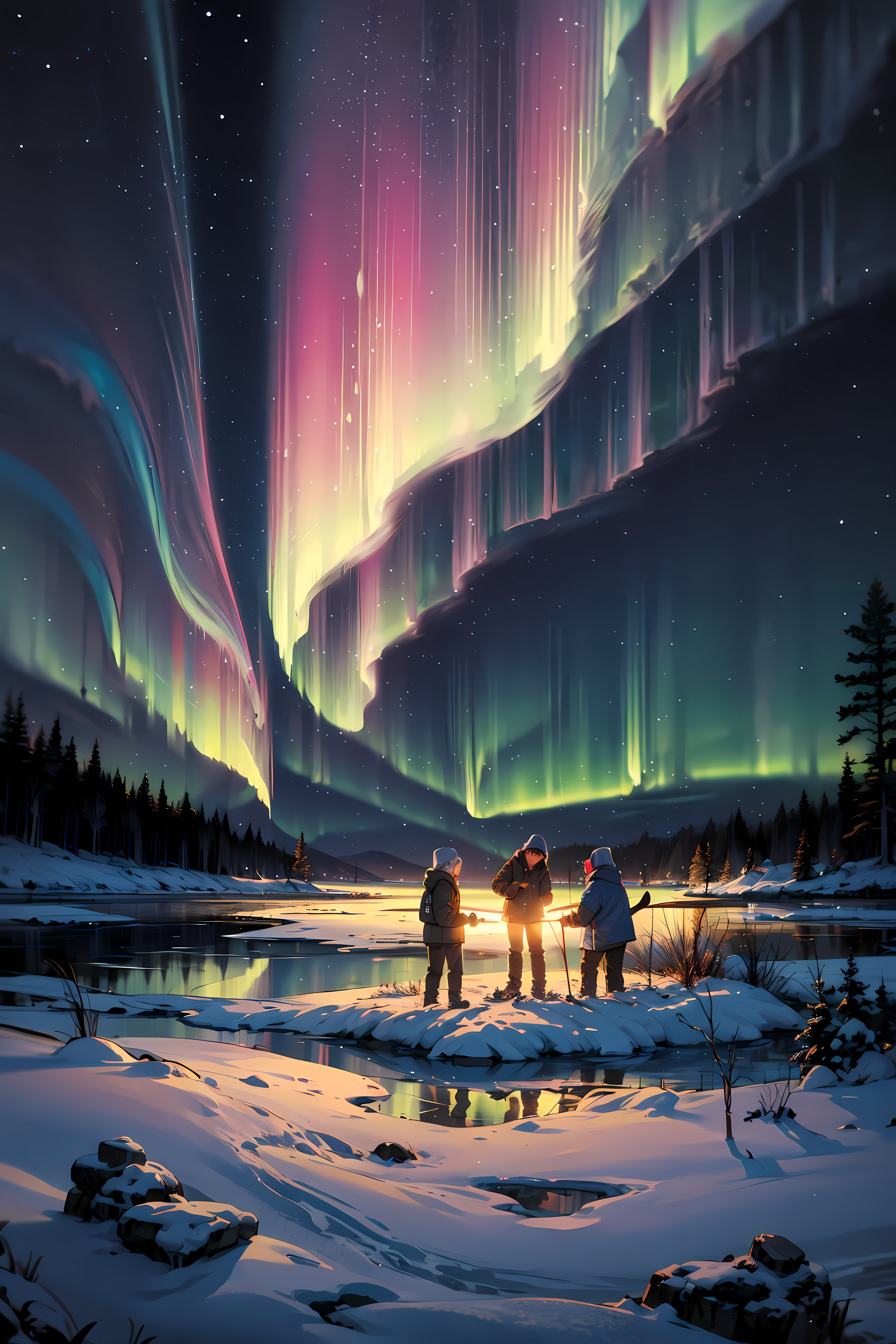 Draw a scene of ice fishing,  where people are huddled around a small hole in a frozen lake,  patiently waiting for a catc...