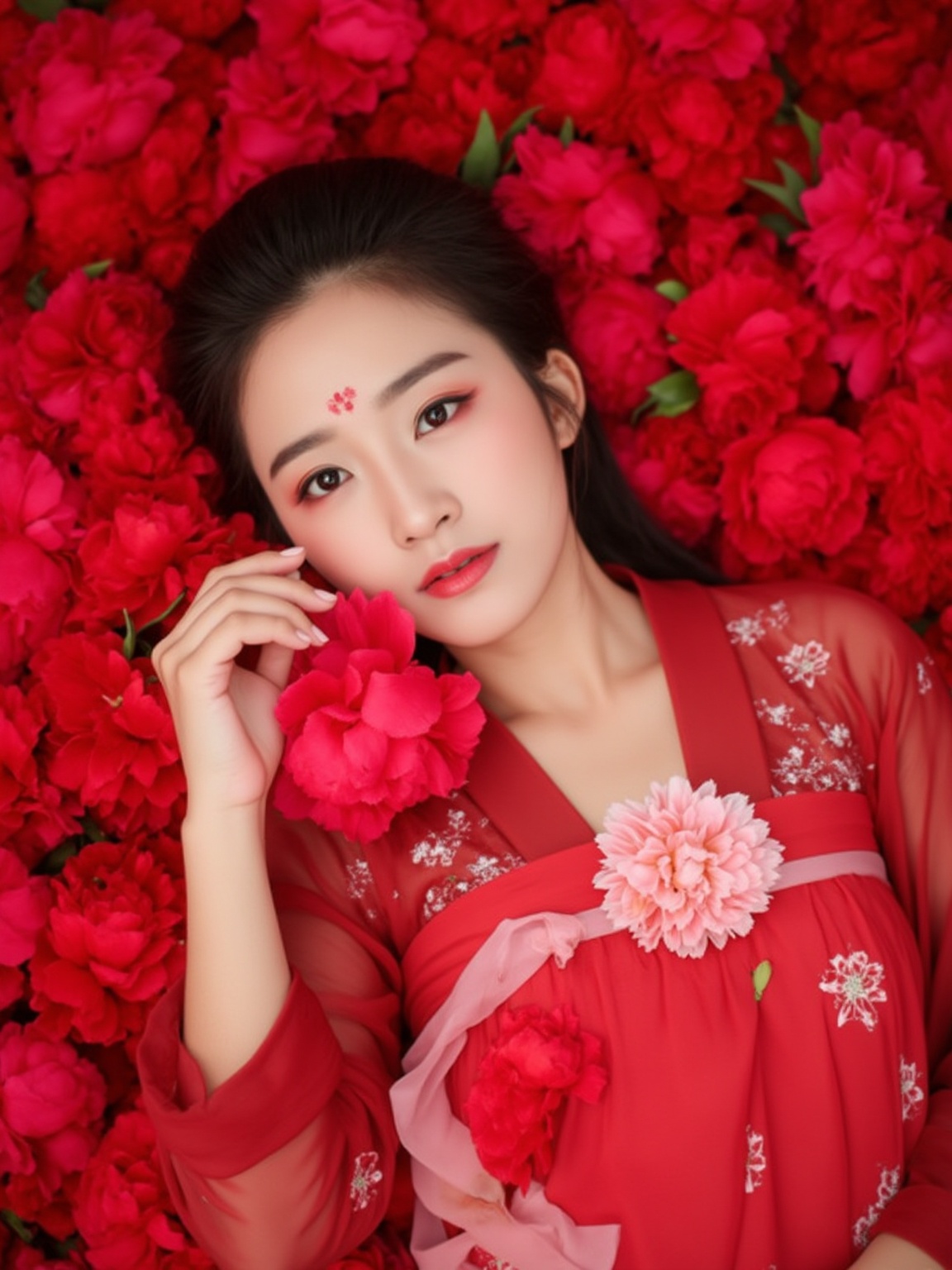 This is a photograph of a young East Asian woman lying on a bed of vibrant red and pink peonies. She has a fair complexion with a slight tan, and her dark brown hair is styled in a neat, low ponytail. She wears a traditional Korean hanbok, a semi-transparent, red silk dress with intricate floral embroidery and sheer sleeves. The dress is adorned with a delicate lace overlay and a pink floral brooch on the chest. She is holding a large, pale pink flower in her right hand, with her left hand resting near her face. Her makeup is minimal, with a subtle pink lipstick and a small red dot on her forehead, adding to the traditional Korean aesthetic. The background is a soft, warm light, enhancing the vivid colors of the peonies and the delicate texture of the hanbok. The setting is intimate and serene, with the peonies creating a lush, vibrant environment around her. The photograph is taken from a low angle, focusing on the subject's serene expression and the rich, textured details of her dress and the flowers.