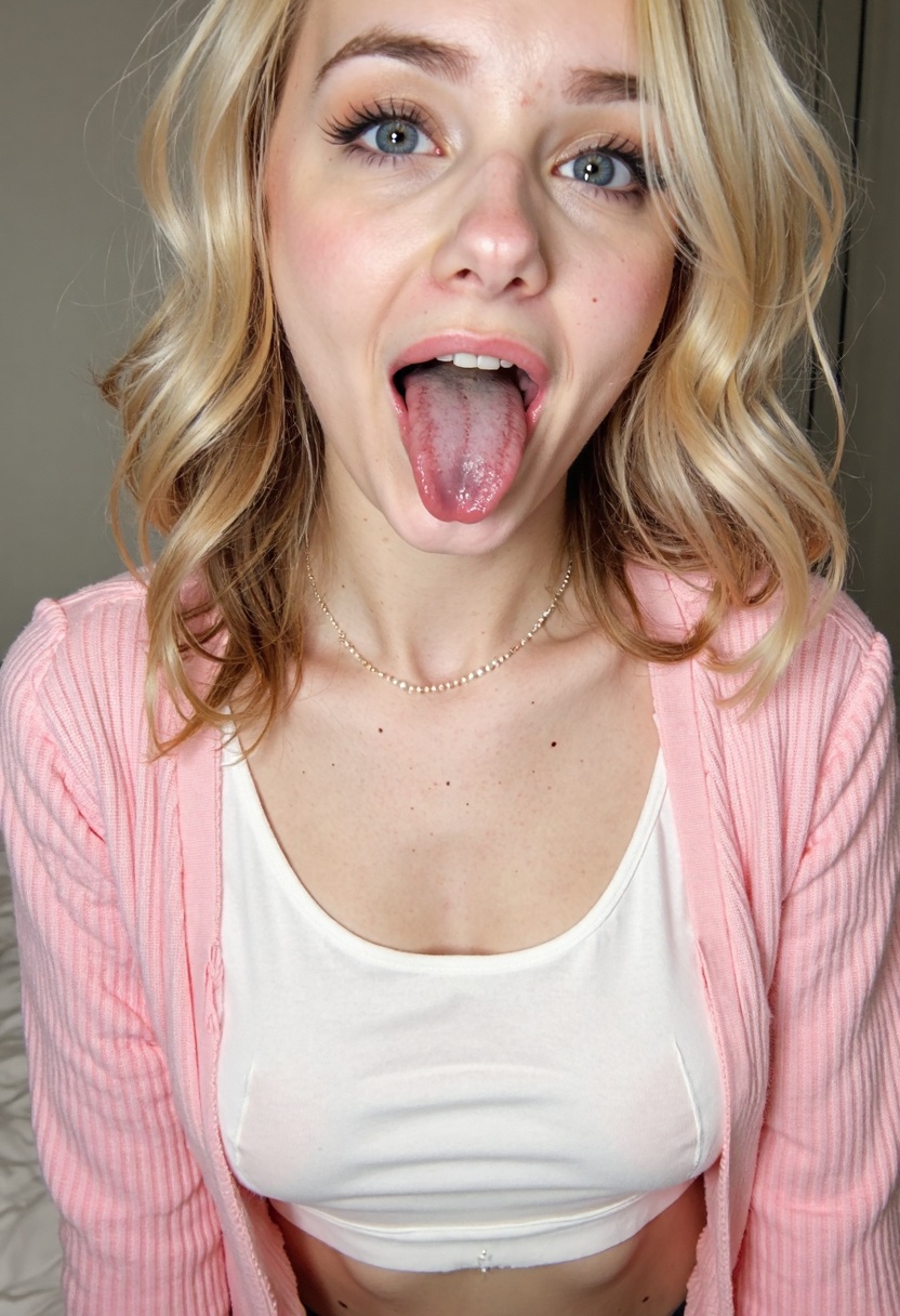 Ahegao face. A blonde woman with wavy hair,  blue eyes. She is wearing a white crop top,  and a pink cardigan. Her tongue...