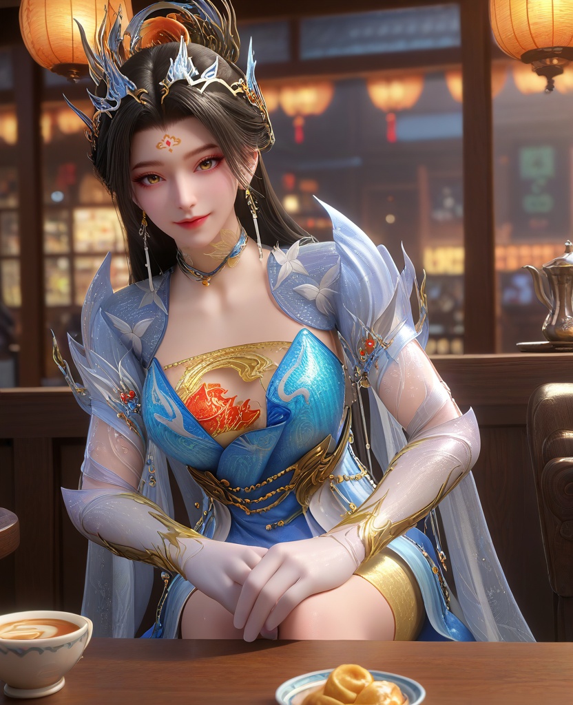 (She sits at a café table, enjoying a cup of coffee with a smile.:1.1),looking at viewer,(large breasts:1.2),<lora:XL16云深不知梦炽阳华明蓝色便服:0.95>,miss chiyanghuaming,blue tiered dress,forehead mark,black hair,very long hair,hair ornament,earrings,jewelry,choker,hagoromo,white gloves,yellow sheer bandeau,white overskirt,sash,, score_9,score_8_up,score_7_up,score_6_up,score_5_up,score_4_up,3d rendering,tag1,tag2, Cinematic Lighting,backlighting,