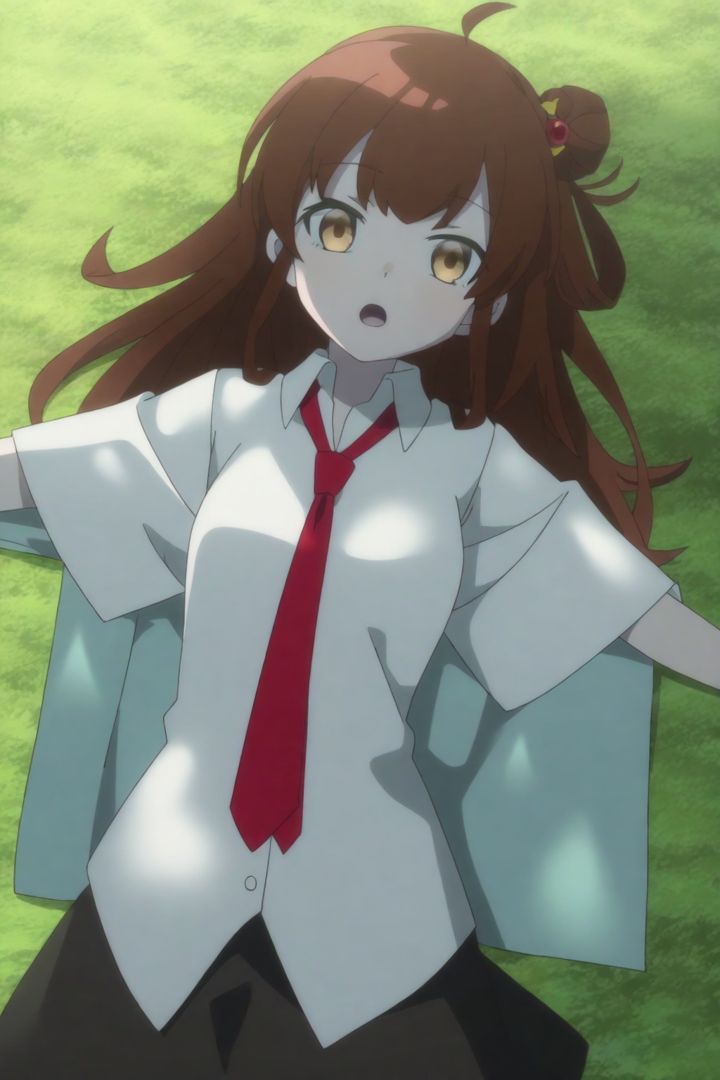 Megu Razuberī,Megu Razuberī, 1girl, brown hair, solo, necktie, grass, brown eyes, outstretched arms, looking at viewer, lying, shirt, on back, red necktie, open mouth, ahoge, white shirt, long hair, collared shirt