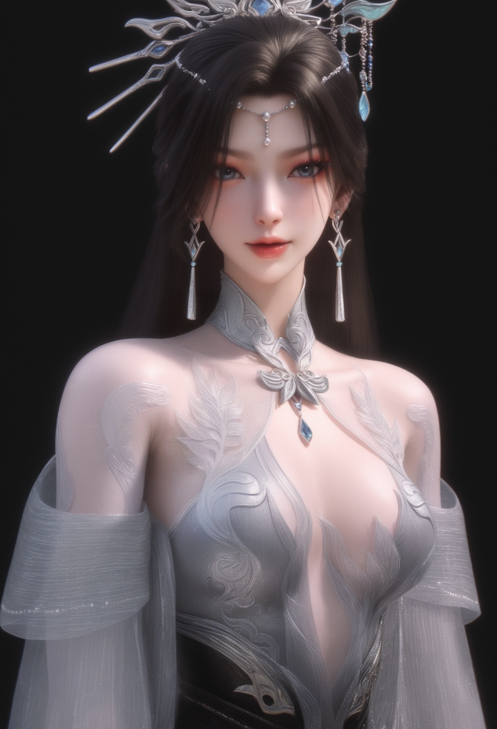 masterpiece,best quality,absurdres,highres,1girl,solo,long hair,makeup,BREAKcollarbone,sheer overlay,bare shoulders,sheer collar,high collar,jewelry,hair ornament,dangling earrings,forehead decoration,detached sleeves,fantasy dress,looking at viewer,front view,(fair_skin:1.1),simple background,black background,<lora:南宫婉儿gh:0.8>,