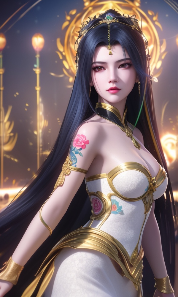 (,1girl, ,best quality, ),looking at viewer, <lora:404-DA-仙逆-凤栾:0.8> ,,ultra detailed background,ultra detailed background,ultra realistic 8k cg,, ,masterpiece, (( , )),ultra realistic 8k cgSurrounded by strange, movie perspective, advertising style, Colorful background, splash of color A beautiful woman with delicate facial features,tattoo all over body, flower arms, 