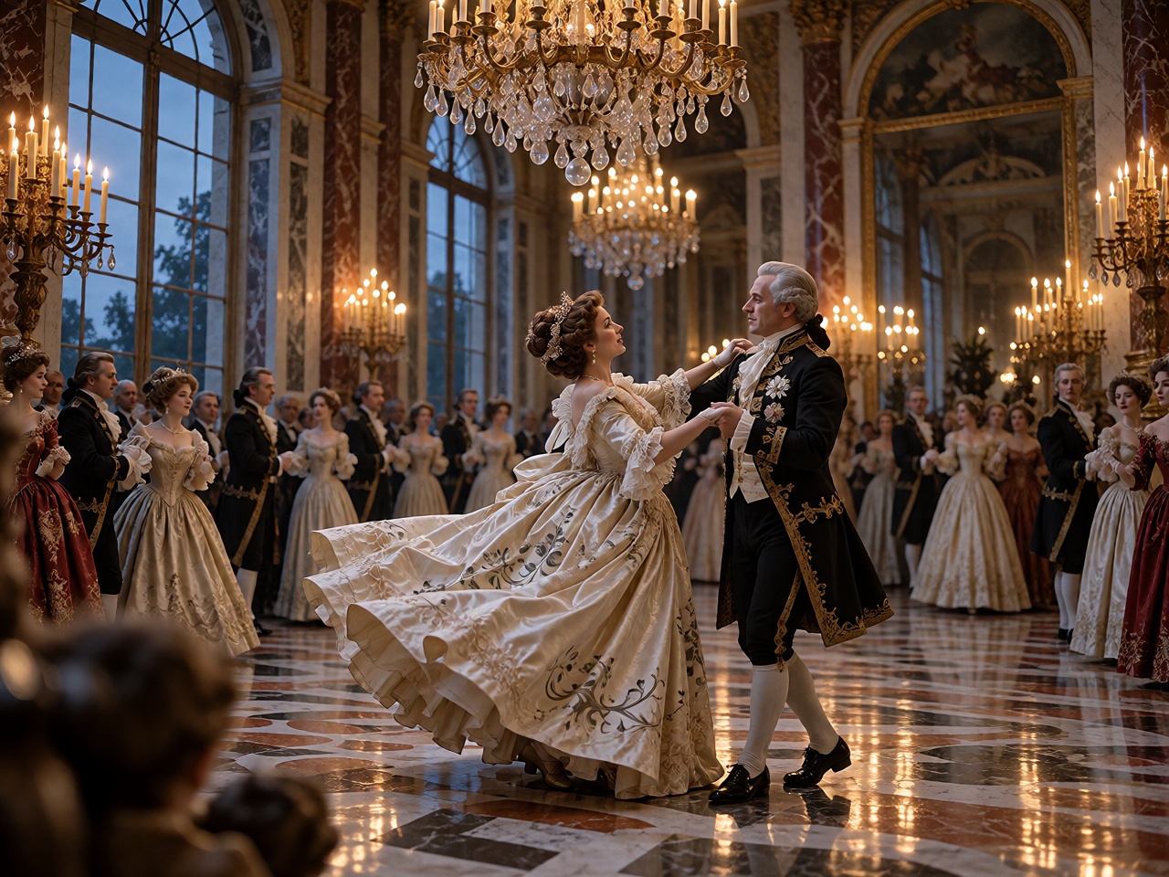 A beautiful ***** aristocratic woman in an elaborate ivory silk gown dancing with a gentleman in a magnificent 18th-centur...