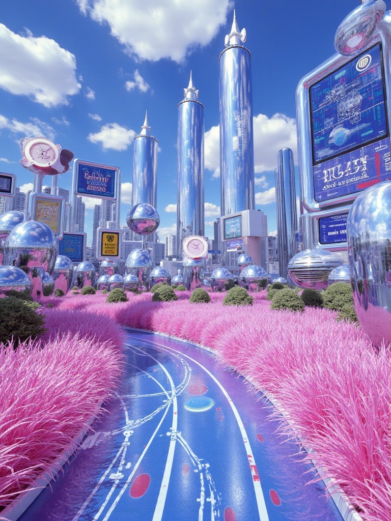 A surreal Y2K landscape with impossibly tall silver skyscrapers reflecting fractured digital images,  holographic billboar...