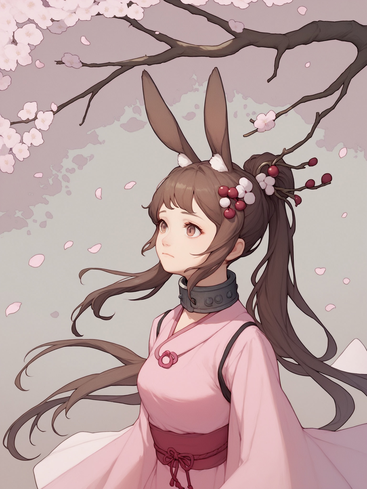 score_10,score_9,score_8_up,score_7_up,1girl,animal ears,rabbit ears,ponytail,solo,brown hair,dress,petals,pink dress,falling petals,upper body,metal collar,hair ornament,long hair,cherry blossoms,branch,closed mouth,