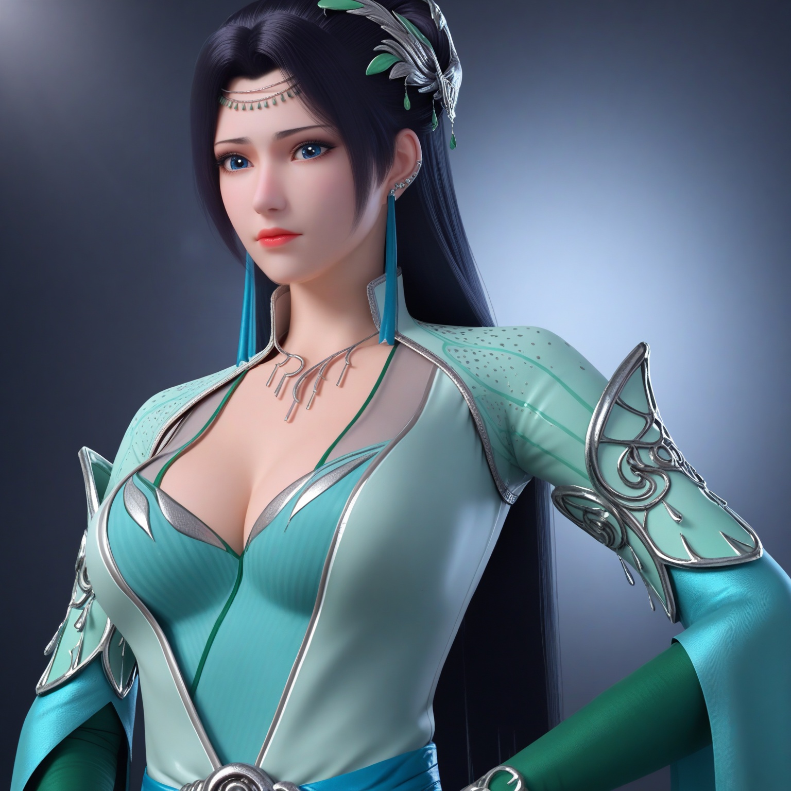 (upper_body:1.1),(huge breasts:0.9),90.<lora:YQponyyunyunV2:0.8>,(q1528437228:1.3),1girl,solo,long_hair,earrings,black_hair,hair_ornament,dress,blue_eyes,necklace,green_dress,ponytail,hair_bun,realistic,legs,,blush,(looking_at_viewer:1.1),BREAKintricate details,shiny_skin,solo focus,(blurry background:1.1),(depth of field:1.1),perfect_anatomy,(cinematic lighting:0.9),(volumetric lighting:0.9),(simple background,pure black background,black background:1.1),