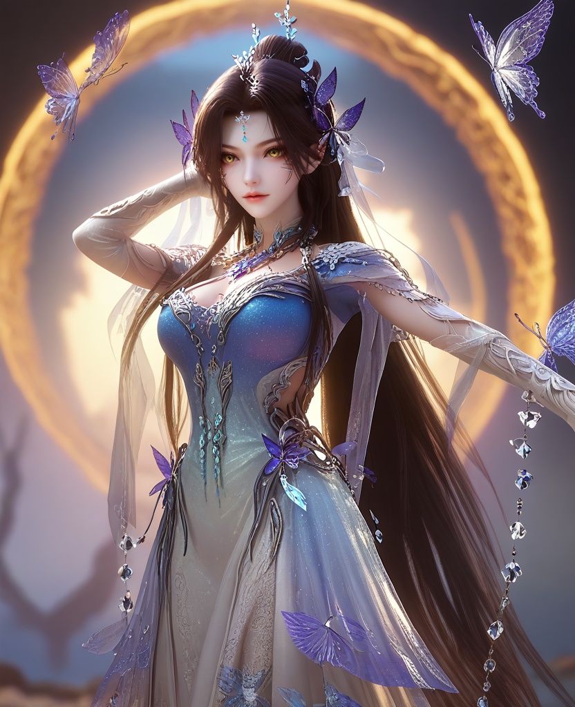 (Gently pulling at an imaginary necklace near her collarbone, with her eyes locked onto an unseen lover, she portrays deep longing and irresistible charm:1.1),(large breasts:1.2),<lora:XL16云深不知梦羲和四象归一:0.95>,miss xihe,blue-violet to white ombre gown,yellow eyes,forehead pendan,black hair,traditional chinese updo with long front strands,absurdly long hair,hair ornament,jewelry,elbow gloves,butterfly embellishments,crystal gown hemline,, score_9,score_8_up,score_7_up,score_6_up,score_5_up,score_4_up,3d rendering,tag1,tag2, Cinematic Lighting,backlighting,