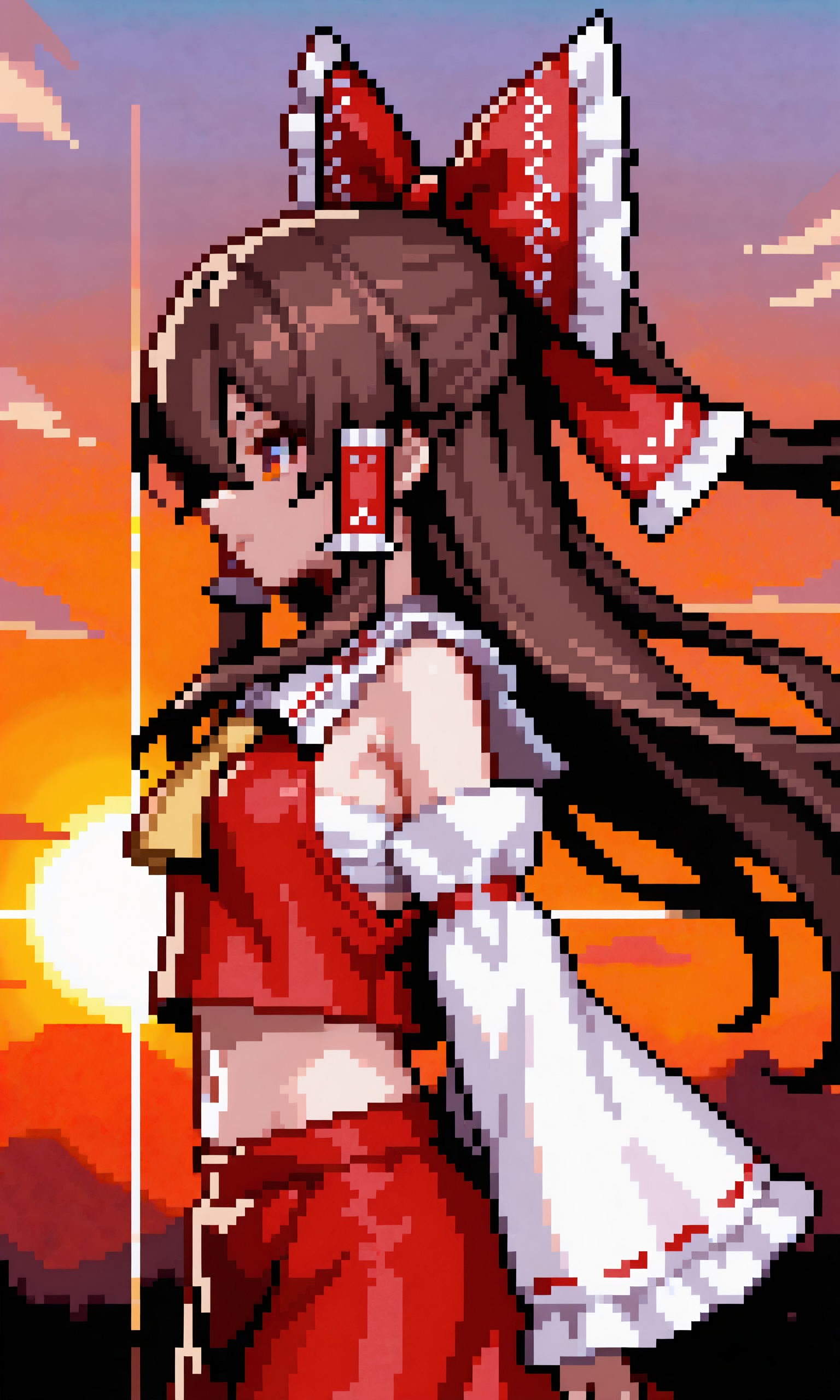 1girl,touhou,armpit crease,ascot,backlighting,bare shoulders,bow,breasts,closed mouth,cloud,crop top,detached sleeves,diffraction spikes,expressionless,floating hair,frilled bow,frilled hair tubes,frilled shirt collar,frilled sleeves,frills,from side,gradient sky,hair between eyes,hair bow,hair tubes,lens flare,light particles,long hair,long sleeves,looking ahead,midriff,outdoors,profile,red bow,red skirt,red vest,sarashi,skirt,skirt set,sky,small breasts,solo,sun,sunlight,sunset,twilight,upper body,very long hair,vest,wide sleeves,yellow ascot, ,masterpiece, best quality,  absurdres, newest,  very aesthetic, amazing quality,highres,sensitive,  highres, ultra detailed, best anatomy, HDR, 8K, high detail RAW color art, high contrast, large pupil,