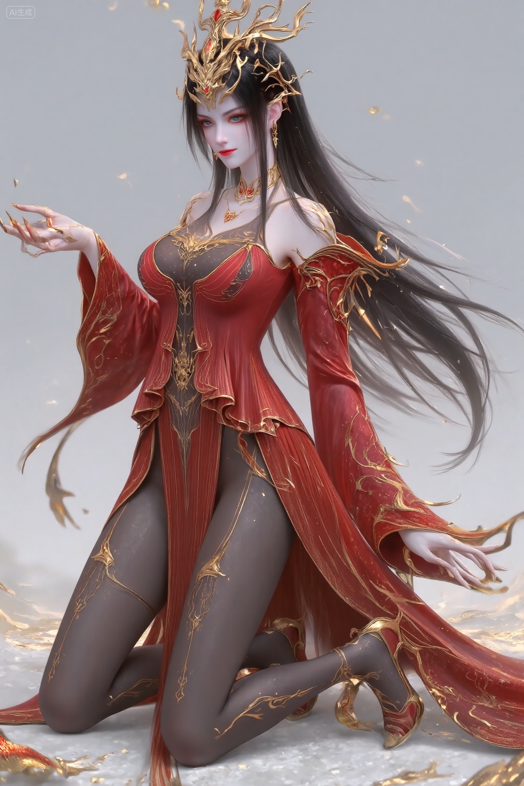 A digital artwork of a stunning,slender woman with pale skin and long black hair,wearing an ornate red and gold dress with a high slit,black stockings,and gold heels. She has an ethereal,regal appearance with a crown-like headpiece.,, The character is kneeling on one knee,with one hand resting on the knee and the other placed on the ground. The overall aesthetic is elegant and otherworldly,suggesting a character of significant importance or a role in a fantastical narrative.,, Negative prompt: ng_deepnegative_v1_75t,(badhandv4:1.2),EasyNegative,(worst quality:2),,nsfw, Steps: 30, Sampler: DPM++ 2M, CFG scale: 3.5, Seed: 3109925554, Size: 1024x1536, Model hash: 062dad72b2, Model: 麦橘超然majicFlus_v1.safetensors, Denoising strength: 0, RNG: CPU, Lora 1: 20250821-1755788133194-0010, Lora Hash 1: f8bdbaa688, Lora Weight 1: 1.05, Lora 2: 《金芒逸凤》唯美古风主题风格化lora|摄影|海报设计, Lora Hash 2: 779d600c15, Lora Weight 2: 0.75, vae_name: automatic