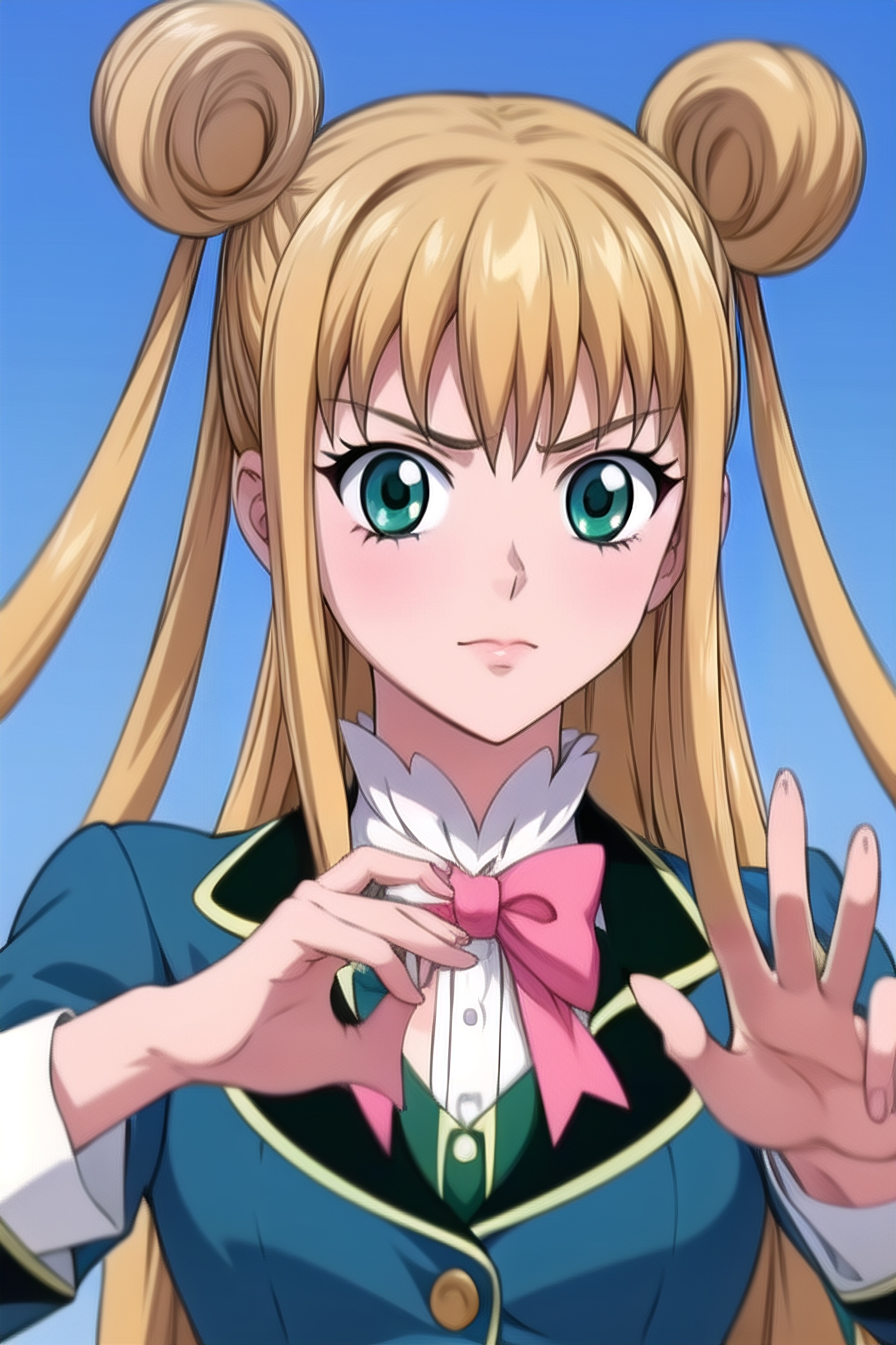 yuanshen,1girl,solo,blonde hair,hair bun,long hair,double bun,bow,day,green eyes,sky,pink bow,parody,school uniform,<lora:add_detail:0.5>,<lora:epiNoiseoffset_v2:0.5>,<lora:EnvyBetterHands LoCon_beta2:1>,perfect hands,<lora:蓝若冰1:0.8>,
