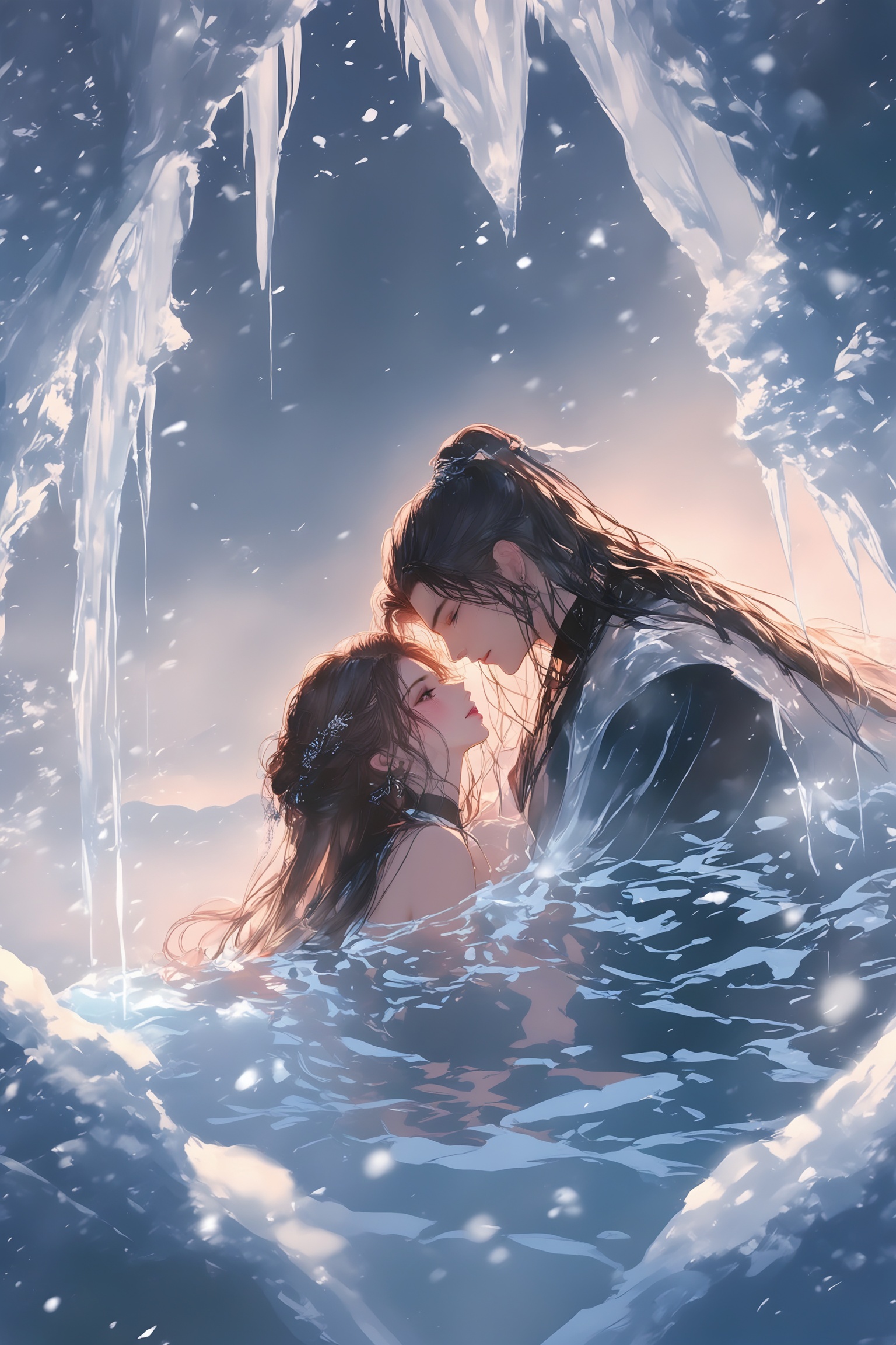renzu,The image depicts a romantic and serene scene where two individuals are immersed in a body of water, surrounded by an enchanting wintery environment. The setting is characterized by the presence of icicles hanging from above, creating a magical and ethereal atmosphere. The water appears to be clear and calm, reflecting the soft light that illuminates the scene. The individuals are dressed in attire that suggests a fantasy or mythical theme, with intricate details and flowing fabrics. The overall mood of the image is one of intimacy and tranquility, capturing a moment of connection between the two characters amidst the beauty of the winter landscape.