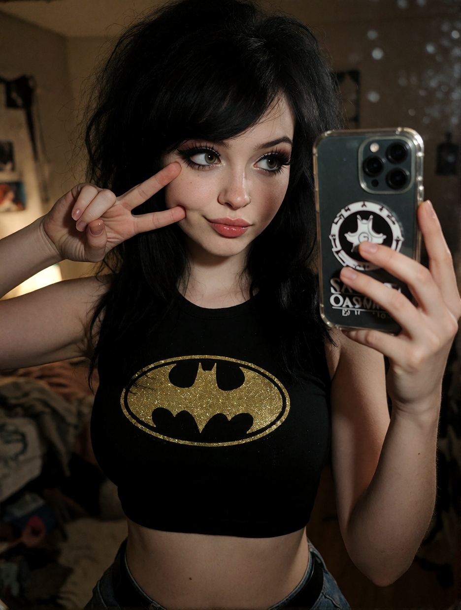 cute e-girl with black voluminous hair taking a mirror selfie in a dim bedroom,  making a peace sign near her cheek,  wear...
