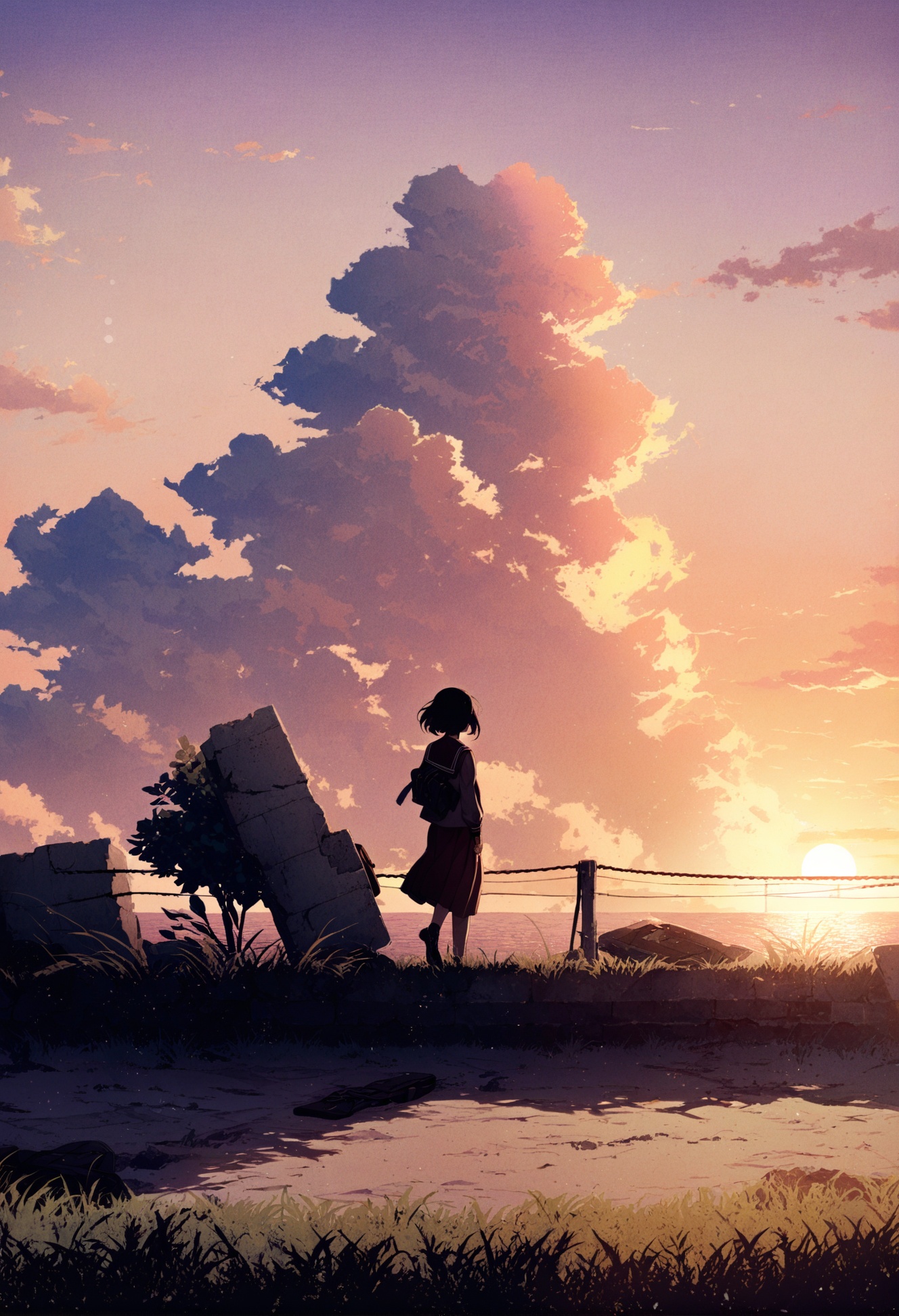 masterpiece, best quality,solo, black hair, looking at viewer, 1girl, short hair, long sleeves, male focus, 1boy ,cloud, sky, outdoors, scenery, school uniform, cloudy sky, solo, sunset, bag, horizon, shoes, ocean, standing, serafuku, from behind, water, power lines, wide shot, school bag, facing away, walking, cloud, scenery, outdoors, tree, ruins, blue sky, sunlight, day, cloudy sky, sun, solo, lens flare, grass, overgrown, standing, sitting, plant ,<lora:potgXLlokr4f-000143:1> <lora:sd_xl_dpo_lora_v1-128dim:1>