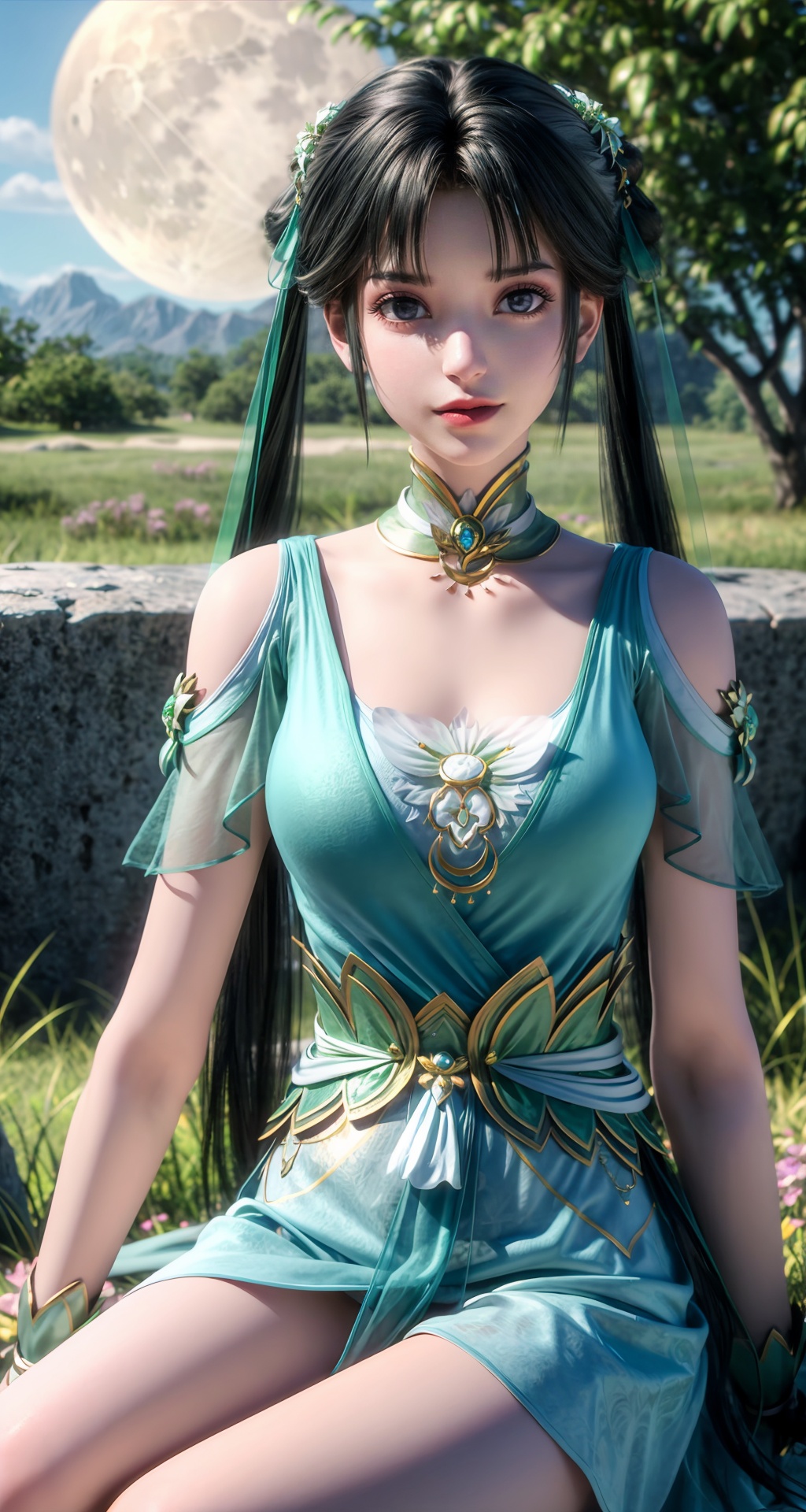 1girl,solo,hair ornament,dress,long hair,night,black hair,sky,hair rings,tree,ponytail,green dress,detached collar,ribbon,closed mouth,hair ribbon,anklet,twintails,lips,realistic,hair bun,outdoors,flower,hair flower,green eyes,clothing cutout,grass,mountain,jewelry,looking at viewer,blue sky,expressionless,shiny,bare shoulders,smile,leaf,bracer,necklace,rock,bare legs,thighs,leg tattoo,double bun,moon,night sky,cloud,full moon,scenery,cloudy sky,((sky)),star,nature,moonlight,plant,huge filesize,<lora:add_detail细节增加:0.7>,<lora:碧瑶:0.7>,<lora:MHB:0.2>,long_legs,sitting,