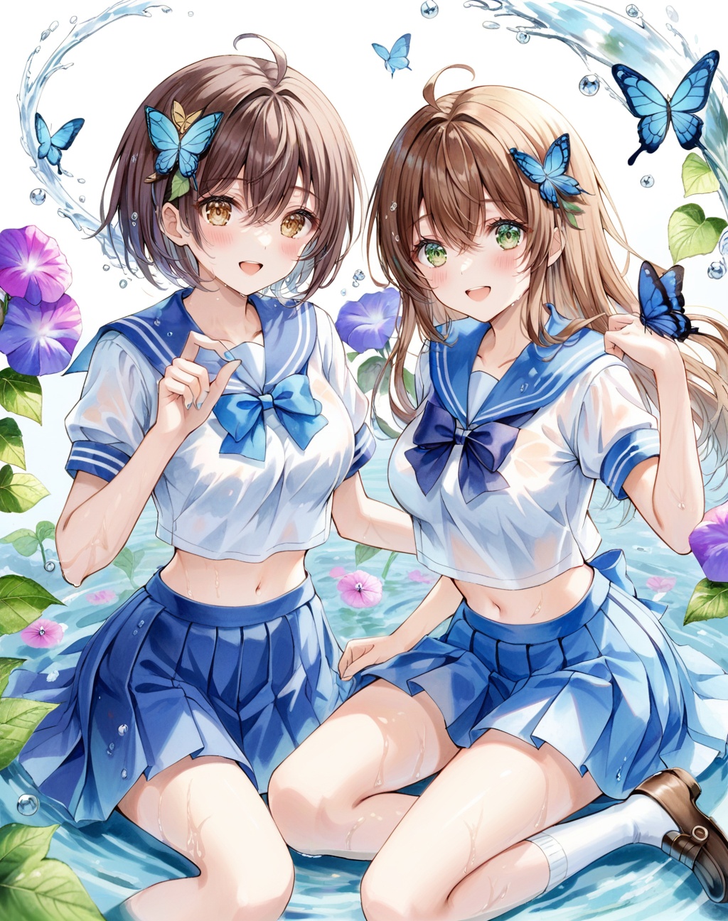 jw,Noyu,2girls,multiple girls,skirt,school uniform,flower,smile,butterfly,bug,blue skirt,brown hair,serafuku,long hair,open mouth,pleated skirt,ahoge,hydrangea,socks,bow,looking at viewer,shirt,sitting,shoes,breasts,navel,blue butterfly,short sleeves,:d,blue flower,short hair,sailor collar,holding,brown eyes,bowtie,hair ornament,water,blush,white shirt,hair between eyes,green eyes,bangs,blue bow,loafers,water drop,medium breasts,closed mouth,arm up,midriff,blue sailor collar,brown footwear,morning glory,traditional media,teeth,miniskirt,knee up,purple flower,thighs,large breasts,butterfly on hand,wet,upper teeth only,white socks,blue bowtie,midriff peek,blue eyes,