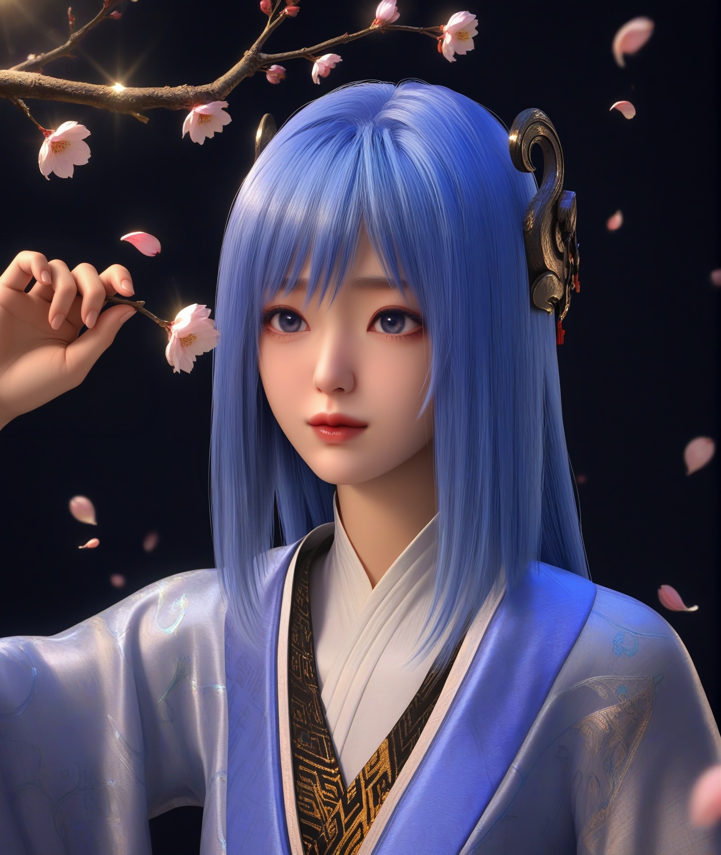 (score_9),can't be this cute, narrow waist,(glamor:1.1),<lora:蓝葵-ill-000008:0.83>,1girl,solo,blue hair,long hair,blue eyes,hair crown,lankui,chinese clothes,hanfu,chinese embroidery,layered design,sleeves past wrists,wide sleeves,collarbone,looking at viewer,upper body,BREAKtwig,branch,falling petals,simple background,black background,rim light,Volumetric Lighting,lens flare,Tyndall effect,depth of field,bokeh,sparkle,