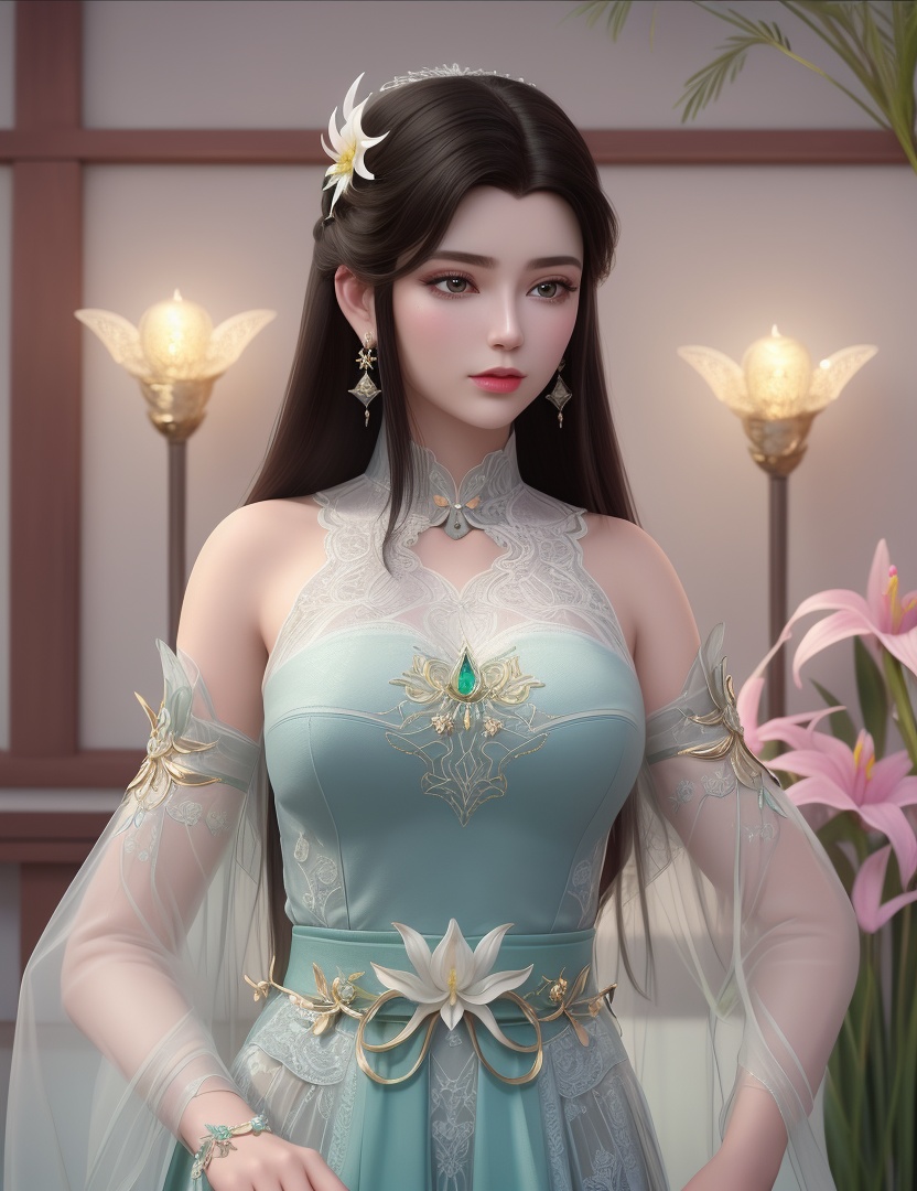 ultra realistic 8k cg, picture-perfect face, flawless, clean, masterpiece, professional artwork, famous artwork, cinematic lighting, cinematic bloom, perfect face, beautiful face, fantasy, dreamlike, unreal, science fiction,  beautiful clothes, lace, lace trim, lace-trimmed legwear,  (rich:1.4), prestige, luxury, jewelry, diamond, gold, pearl, gem, sapphire, ruby, emerald, intricate detail, delicate pattern, charming, alluring, seductive, erotic, enchanting, hair ornament, necklace, earrings, bracelet, armlet,halo((,1girl, pov,))(((,lily \(flower\),  1girl, spring_\(season\), solo,looking at viewer, ))) <lora:DA_XiaoXunEr:0.6>