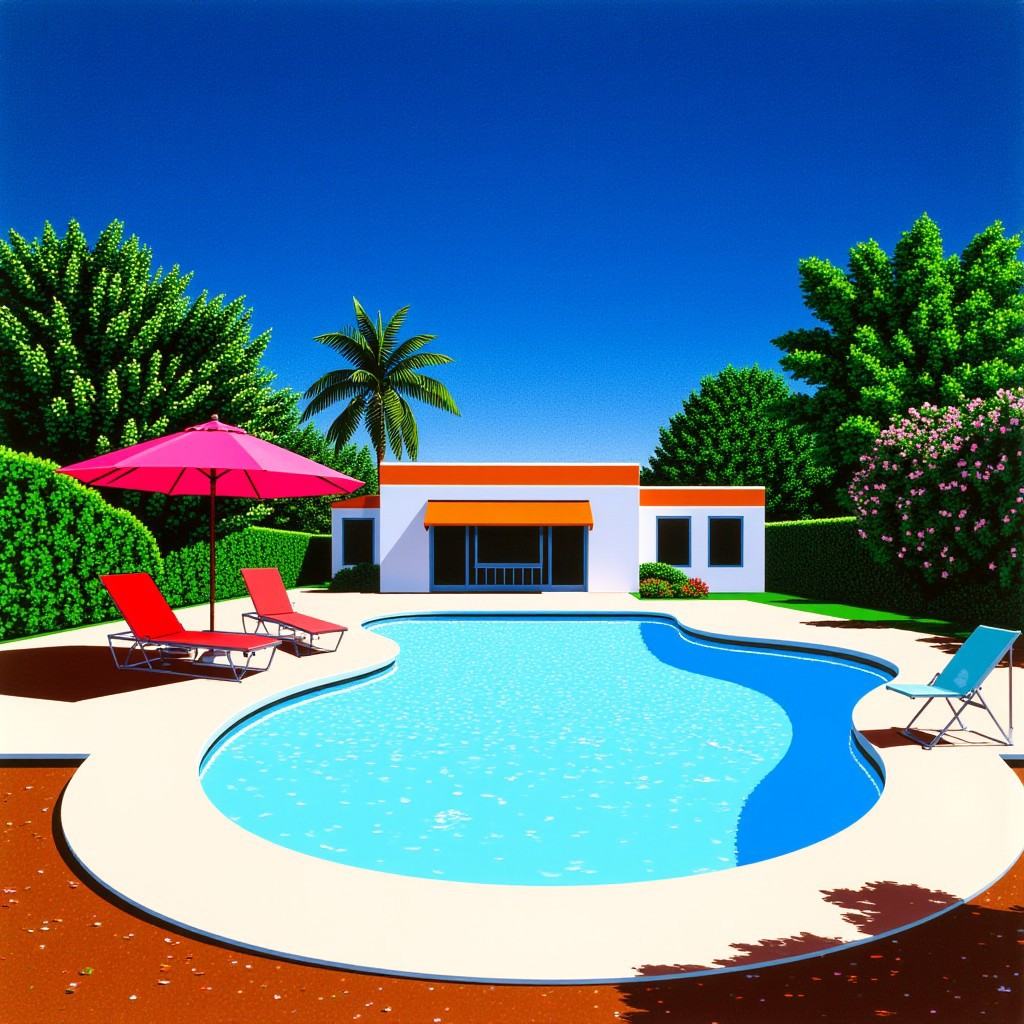 This image is a vibrant,  digitally created artwork depicting a serene backyard scene. The central focus is a kidney-shape...