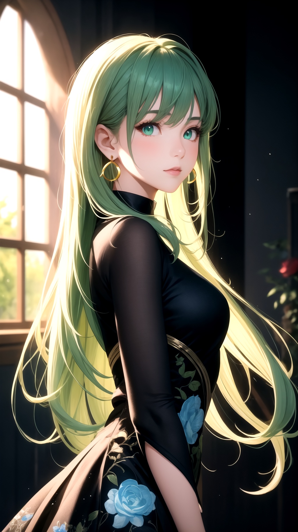 A beautiful girl with off-white long hair,  white luminous eyes,  green luminous earrings on Tensor.Art