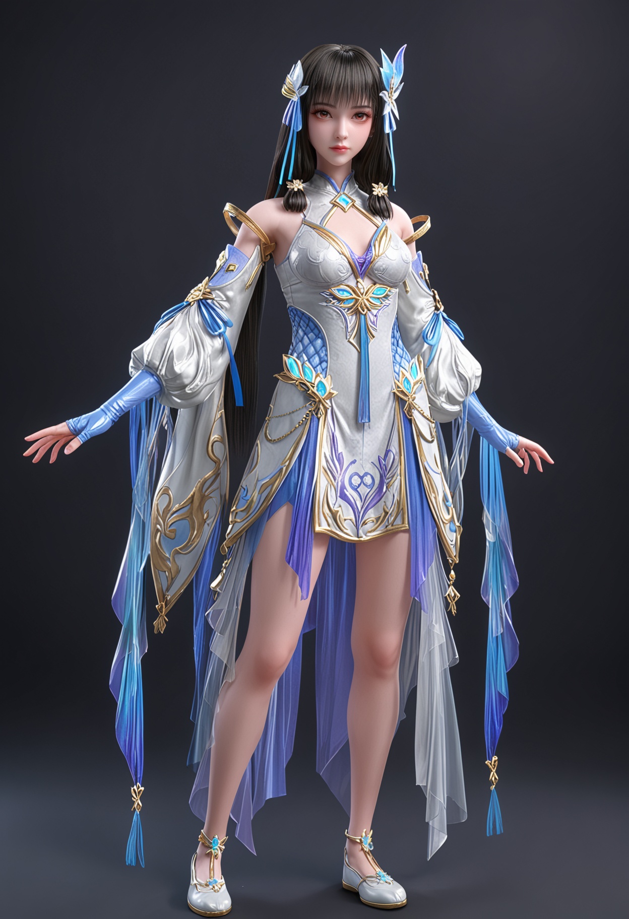(full_body:1.1),(looking at viewer:1.1),facing viewer,direct gaze,<lora:YQ_pony_yunluo_shangjiefuzhuang_V4:0.8>,1girl,solo,long hair,black hair,hair ornament,dress,detached sleeves,brown eyes,white dress,chinese clothes,blunt bangs,hair flower,sidelocks,hair ribbon,red eyes,butterfly hair ornament,black eyes,brown hair,jewelry,china dress,gloves,shoes,BREAK (white skin:1.1),(fair skin:1.1),(Ivory skin:1.1),(shiny skin),perfect anatomy,(simple background,pure black background,black background:1.1),