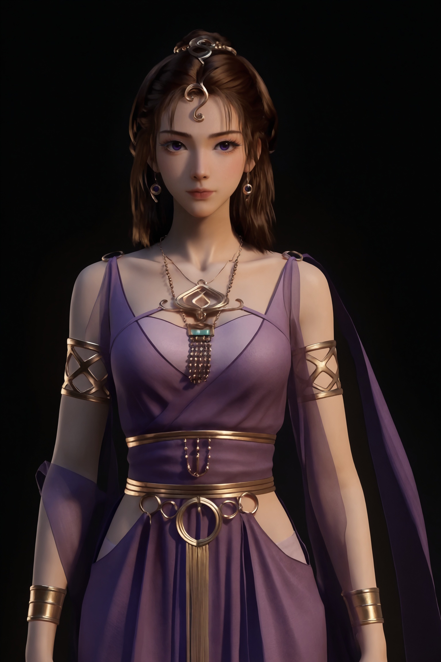 black background,standing,looking at viewer,1girl, wsy\(frxxz\), brown hair, long hair,tiara, eyelashes, necklace, jewelry, armlet, bare shoulders, purple dress,