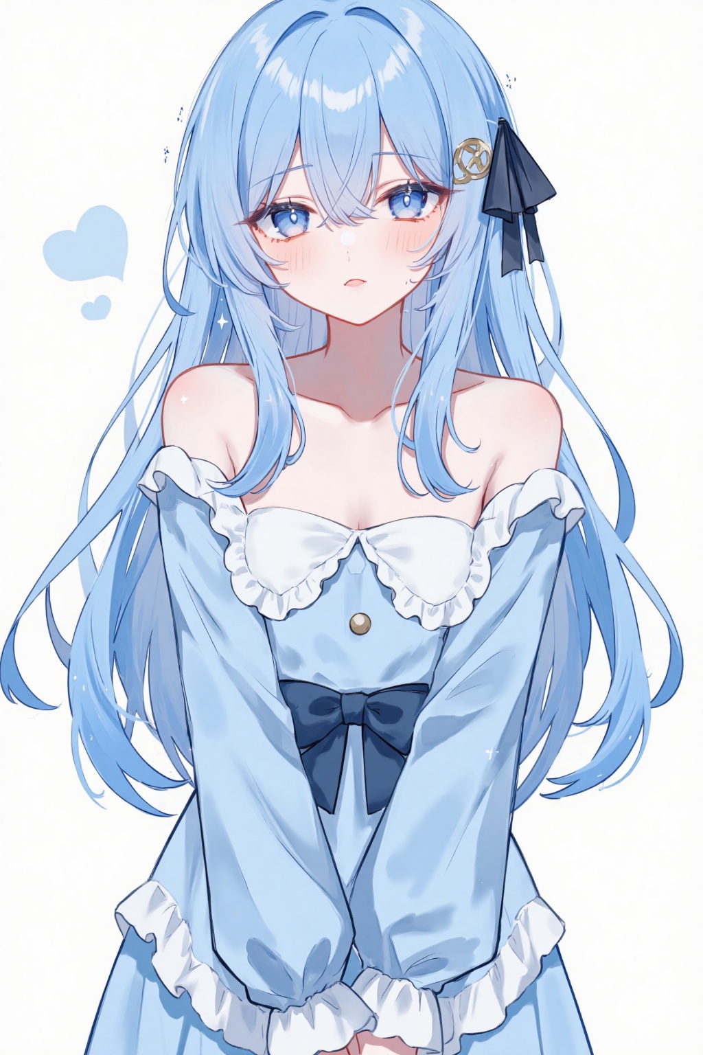 anon,blue,AU,reality,ninethree,sheya,hewu, sfw, bangs, long hair, 1girl, blush, eyebrows visible through hair, long sleeves, hair between eyes, simple background, dress