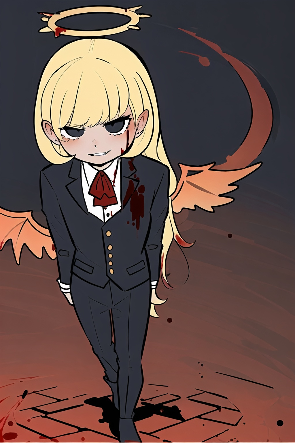 1girl,wsdxj,solo,ojousama,age regression,cuteg,(narrow one's eyes:1.1),red headband,red bowtie,(blood angel halo:1.2),bewitching/bizarre/sinister appearance,guihuo inferno,evil atmosphere,full body,