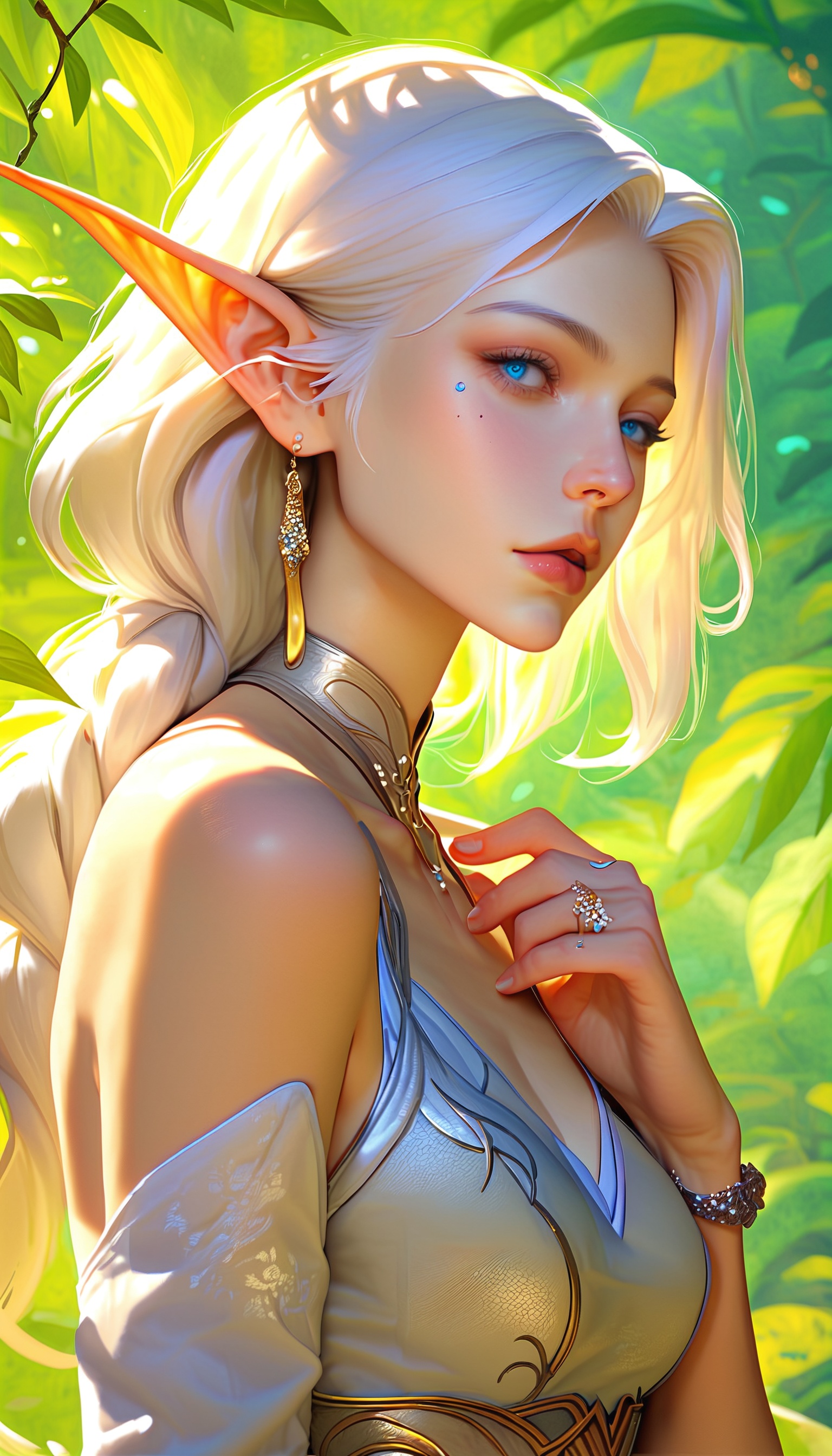 score_9,score_8_up,score_7,MAYE_X,An elven woman with long silver-white hair,blue eyes,and pointed ears. She is dressed in a gray garment adorned with gold decorations. She wears a necklace around her neck and some accessories on her hands. The background is a forest teeming with greenery.,