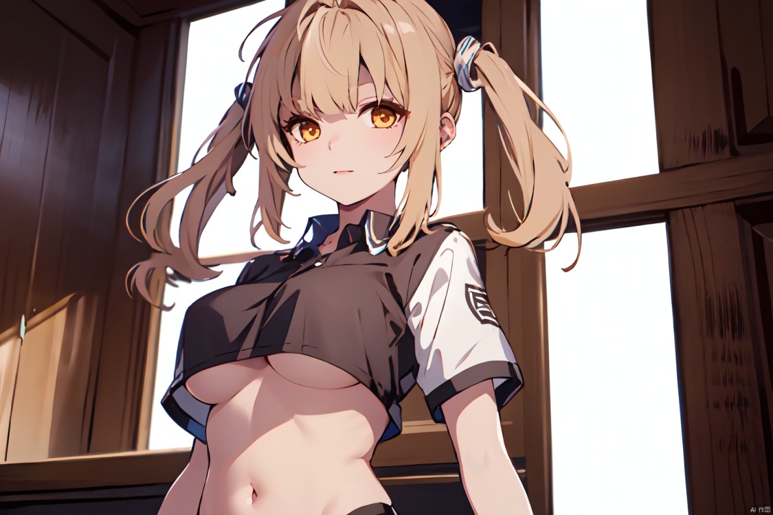 (1girl: 1.2),  (breasts: 1.2),  (underboob: 1.2),  (navel: 1.2),  (solo: 1.1),  (twintails: 1.1),  (low_twintails),  (looking_at_viewer),  crop_top,  rating:safe,  short_sleeves,  long_hair,  shirt,  medium_breasts,  hair_tie,  bangs,  upper_body,  stomach,  lips,  black_shirt,  collared_shirt,  realistic,  hair_over_shoulder,  closed_mouth,  blunt_bangs,  midriff,<lora:EMS-248732-EMS:0.800000>