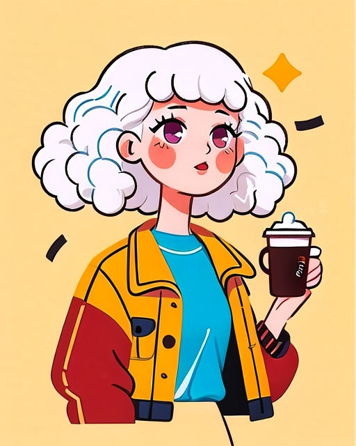 1girl, holding coffee, jacket, curly hair, long hair, simple background,