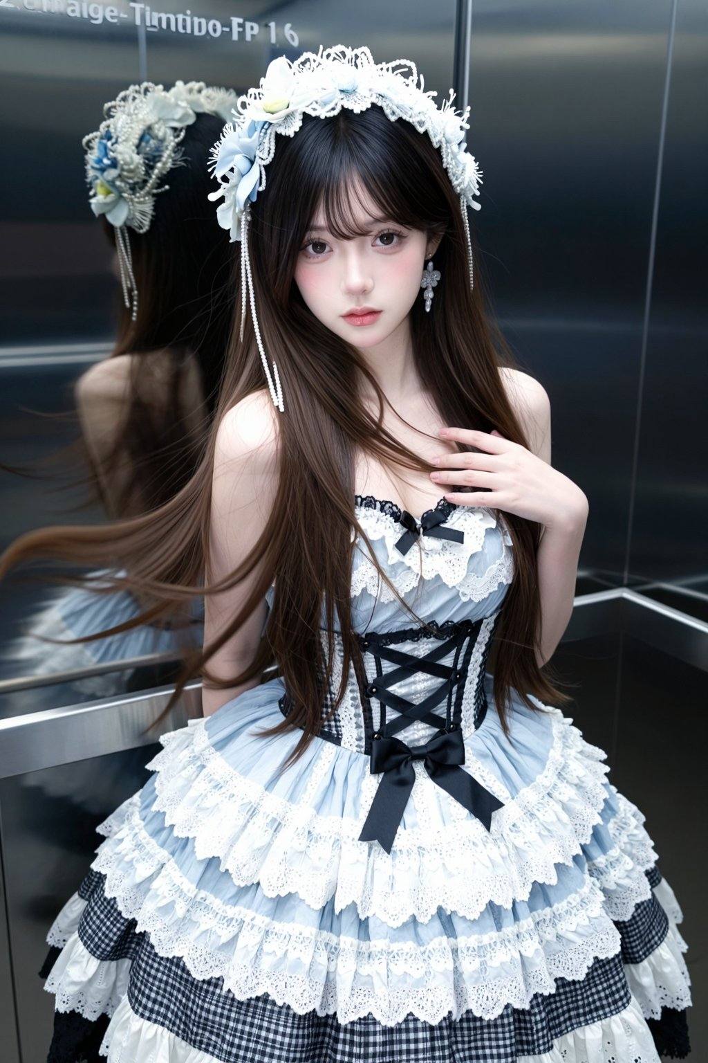 极其清晰,电影级画质,图像风格：运用极高光和纯白色营造视觉焦点,并利用对比鲜明的光影细节最大程度地增强情感张力,最终达到“强烈,锐利,层次分明”的视觉冲击力,图像内容：黑色长直发,棕色大眼睛,实拍照片,现实,大师级画质,顶级品质,高品质,俯拍微距,丰满胸部,黑发,1个女孩,只是随意抓拍,照片略有动态模糊,展现了野性之美,精致的五官,纤瘦的脸庞,大眼睛,挺鼻梁,樱桃小嘴,尖下巴,纤细的模特身材,一头柔顺的长棕色头发,超高美感,空灵飘逸,自然清新,宛若月光下,hair_ornament,earrings,楚楚,一丝幸福感,优先考虑高分和点赞,视觉冲击力强,略带疲惫,依赖,轻抚肩膀,**,不舍地出现,相片,超长头发散开遮住脸颊和胸部,穿着衣服,纤瘦却自信的身材,8K超高清,正面照,镜子,电梯- 裙子：主色调为浅蓝色,白色和黑色,采用多层次复杂设计,裙身饰有立体花朵,lace,并拼接黑白格子面料,腰部饰有黑色交叉绑带和蝴蝶结,裙子层次丰富,尽显华丽精致之感,——配饰：搭配饰有珍珠和鲜花的头饰,与裙子的风格相呼应,整体造型充满洛丽塔服饰的奢华与梦幻气息,背景顶部写着半透明色“Z-Image-Turbo-FP16”