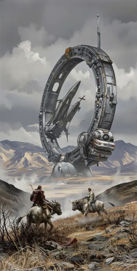 Yurimazum art style.A desolate,  windswept landscape under an overcast sky with heavy gray clouds. In the foreground,  two...