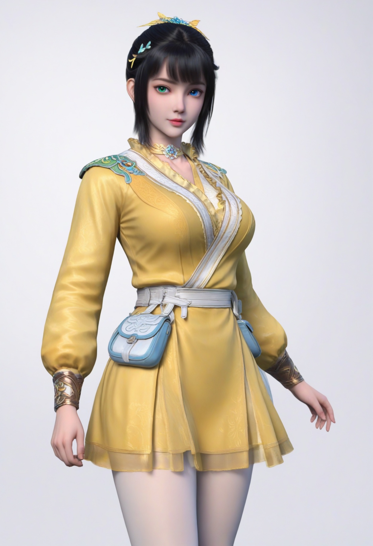 score_9,<lora:SF_SiKongQianLuo_Pony_Realism2.3-000003:0.7>,1girl,solo,bangs,heterochromia,green eyes,blue eyes,black hair,yellow clothes,large breasts,yellow dress,white pantyhose,standing,looking at viewer,white background,