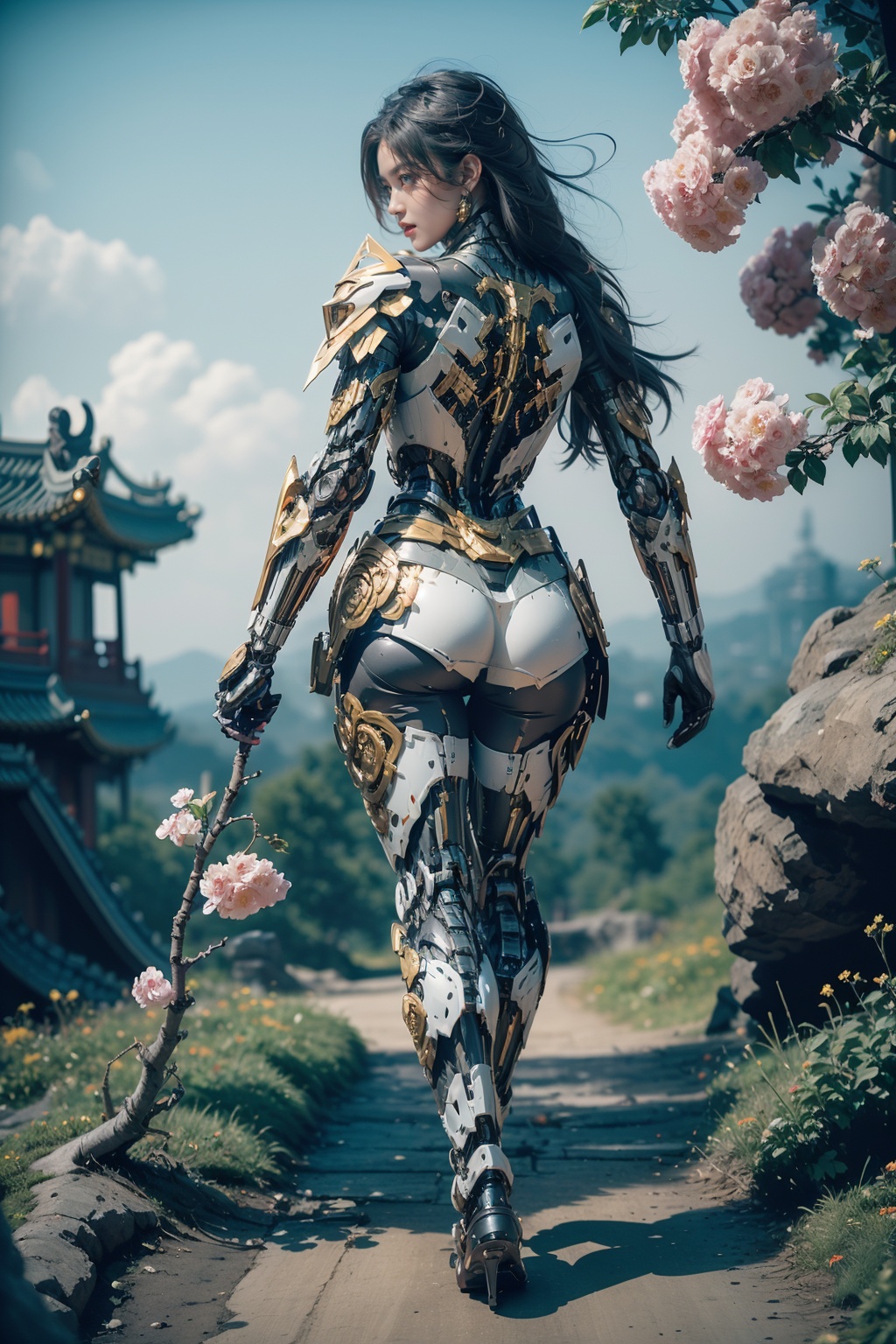hjyjiazhourbt,1girl,Look back,lush flower garden,(((mecha legs))),(((mecha arm))),hands up,walking,mecha body,A cuirass with a Chinese pattern,(flower and branch  background:1.3),biomechanical,(looking at viewer),(((dynamic pose))),dynamic angle,(chinese armor:1.4),gold. hi - tech synthetic bio ethereal metal and black titanium material,masterpiece,best quality,(highly detailed),gold hair,(full body:1.3),day light,((bright light)),wide angle,sleek,studio light,<lora:hjyjiazhouRBTcropface-000002:0.8>,slender,