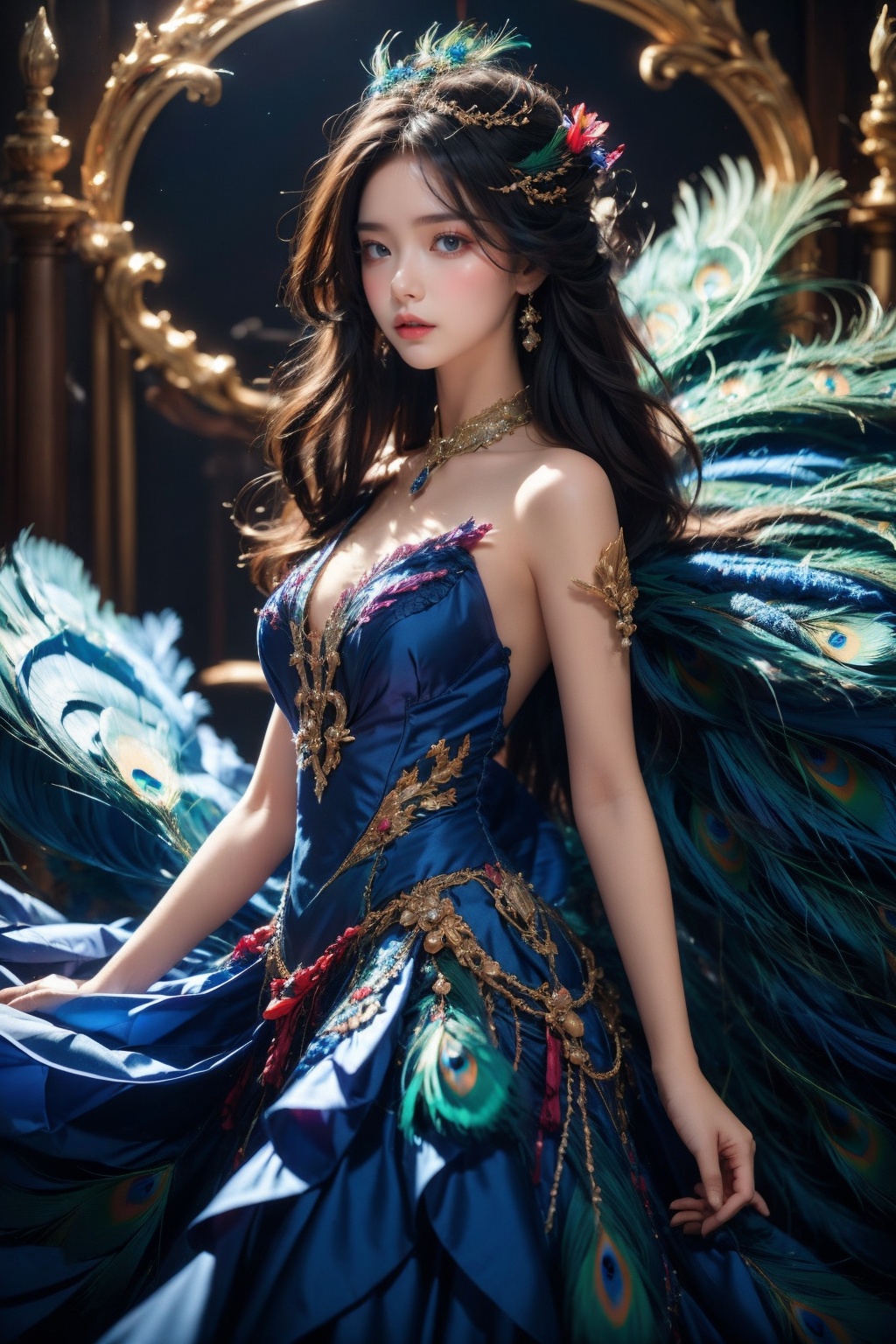 18 y.o girl,dress,peacock feather,<lora:Again_Style:0.8>,<lora:Again_Girl_A11:0.8>