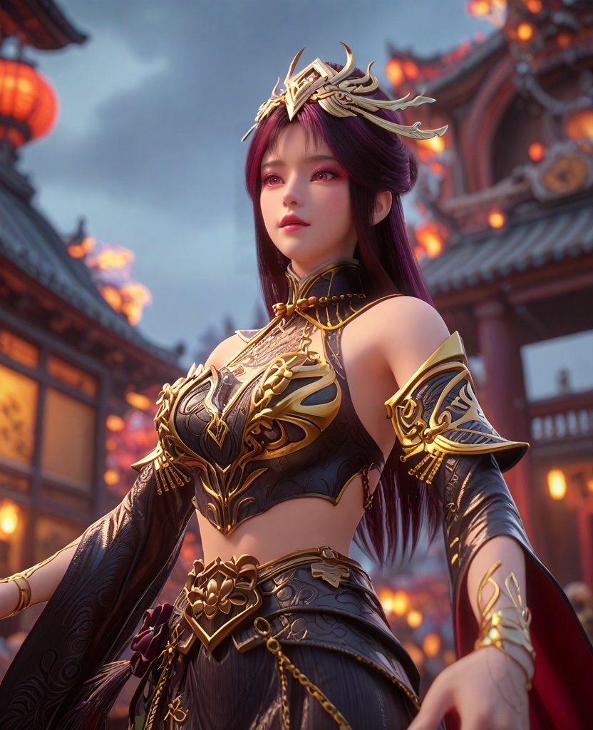 (oriental architecture, elegant decor, sophisticated style:1.1),(singing:1.1),(breasts:1.2),<lora:XL百炼成神毒血夫人:0.95>,miss duxuefuren,hair ornament,long hair,purple hair,breastplate,skirt,pink eyes,jewelry,teeth,bare shoulders,breasts,detached sleeves,necklace,, zPDXL2, score_9, score_8_up, score_7_up BREAK realistic, masterpiece,best quality, highly detailed,, zPDXL3, zPDXL2,zPDXL, zPDXLxxx, zPDXLrl,