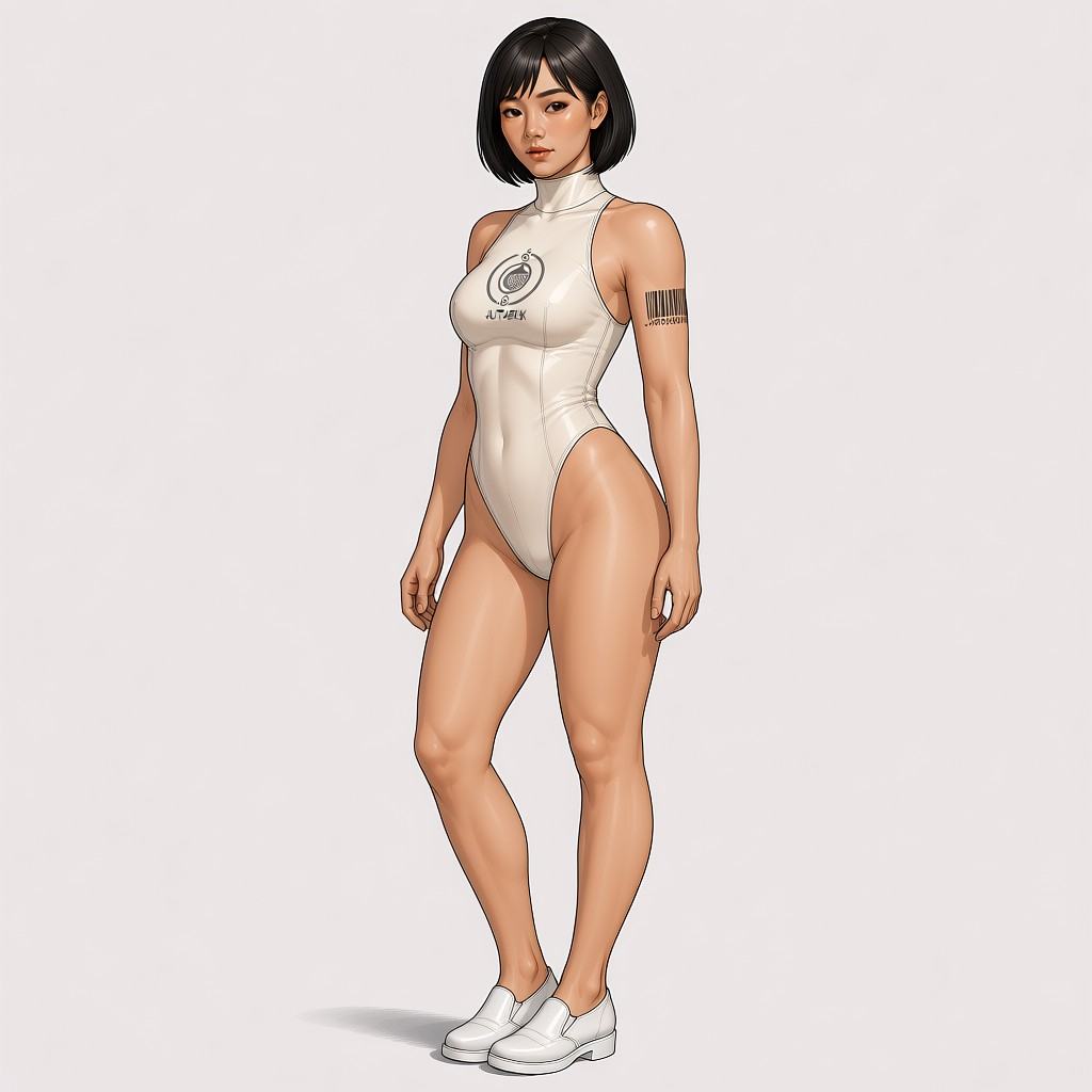 This is a digital illustration of a young Asian woman with a short black bob haircut,  standing in a confident,  slightly...